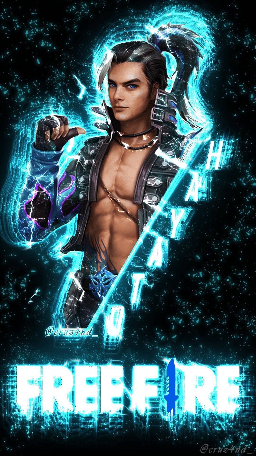 character 桌布 壁紙 — 一個肌肉發達的動漫戰士，被發光的藍色閃電能量包圍，背景是黑暗的宇宙。