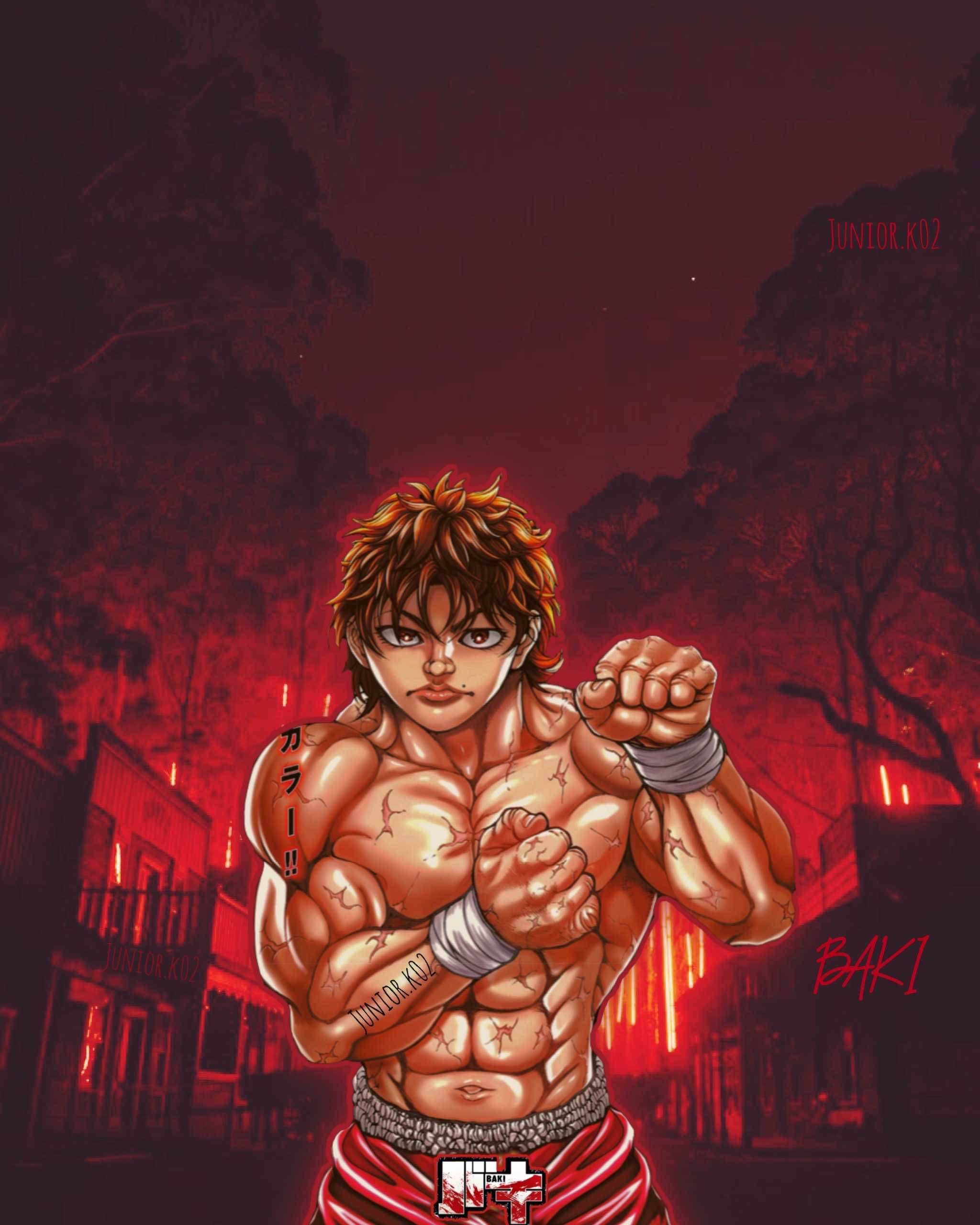 Baki 桌布 壁紙 — 一個肌肉發達的動漫戰士，身上有刺青，穿著紅色拳擊短褲，挑釁地站在火紅色的城市小巷中。