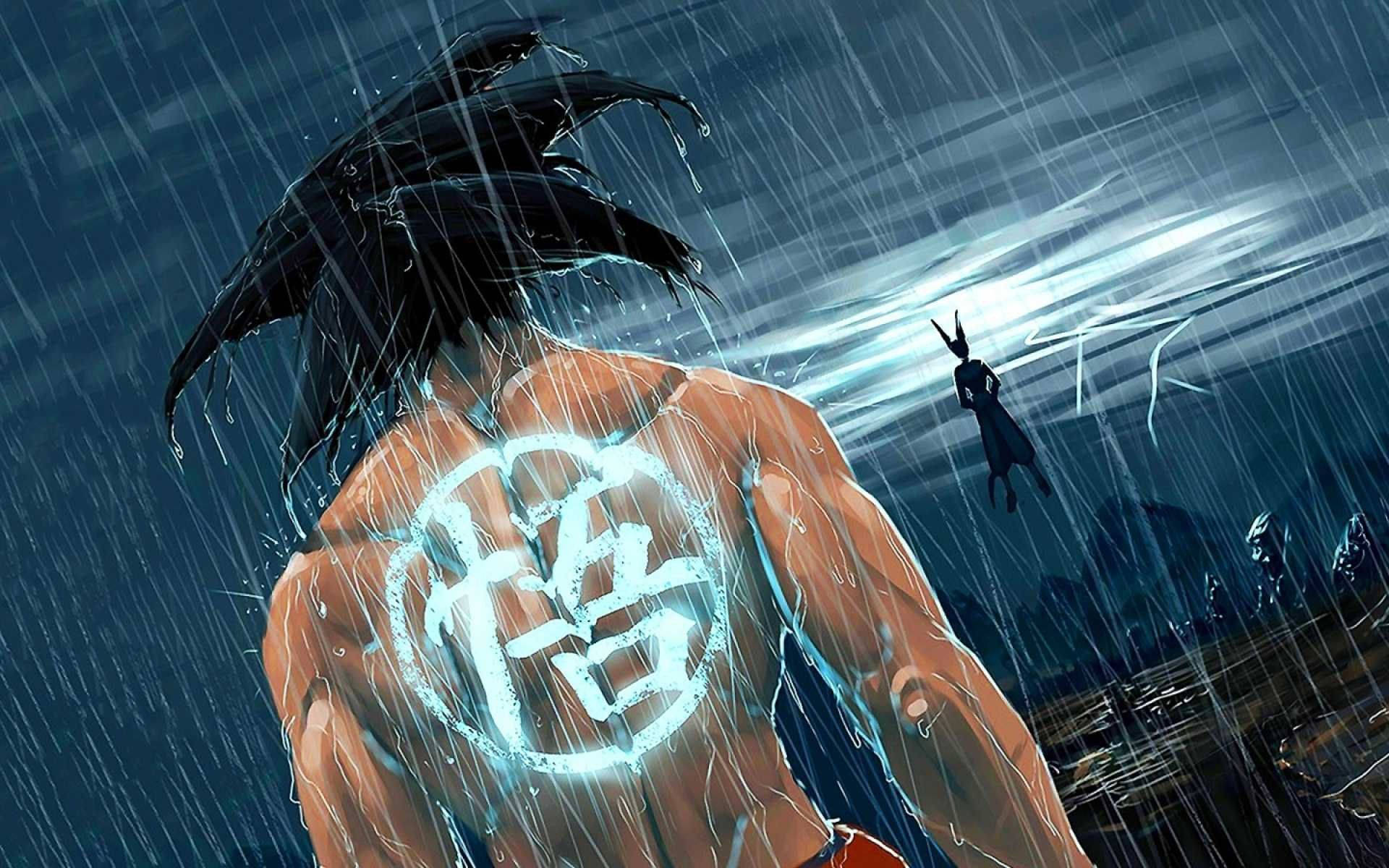 龍珠 桌布 壁紙 — 一個肌肉發達的動漫戰士，身上有發光的漢字刺青，在傾盆大雨中背光站立，閃電擊中遠處一個身影附近。