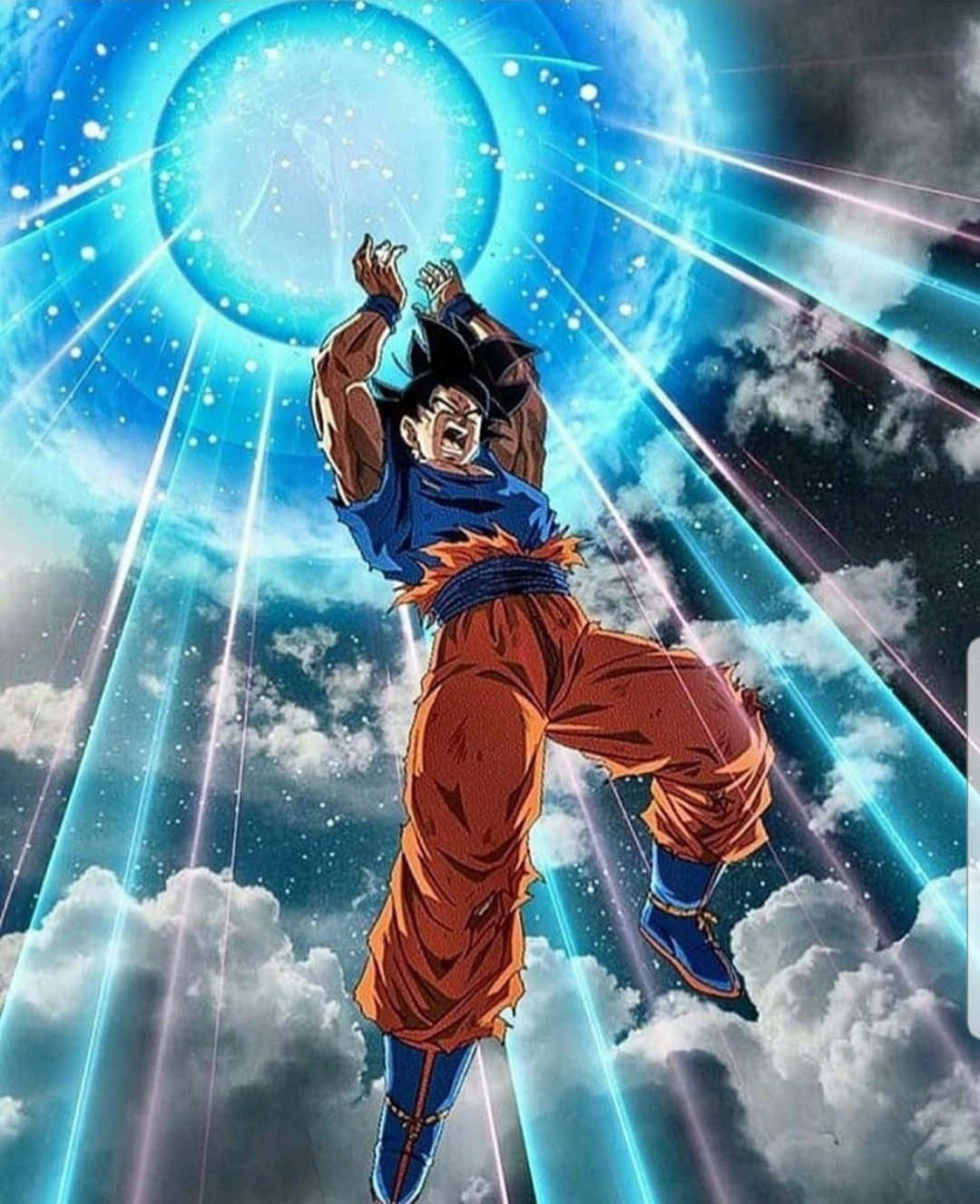 Goku's Spirit Bomb Sword 桌布 壁紙 — 一個肌肉發達的動漫戰士，身穿橙色褲子和藍色道服，穿過雲層跳躍，在他上方凝聚一個巨大的藍色能量球。