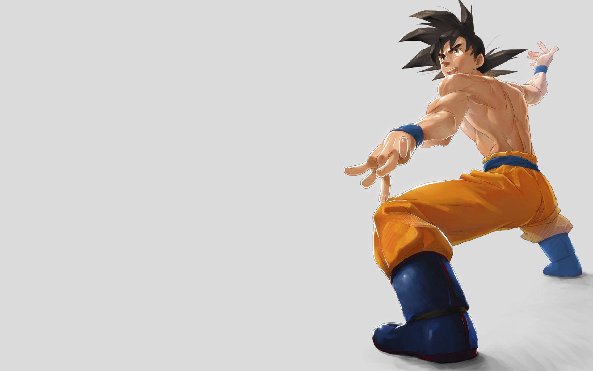Awesome Goku 桌布 壁紙 — 一個肌肉發達的動漫戰士，身穿橙色褲子和藍色靴子，在純灰色背景上擺出動態的戰鬥姿勢。