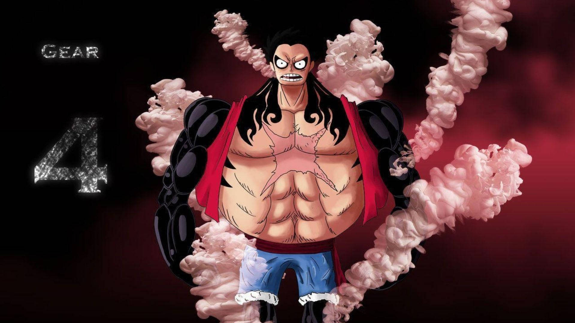 luffy gear 4 桌布 壁紙 — 一個肌肉發達的動漫戰士，身穿紅色斗篷和藍色短褲，在深紅色背景上被粉紅色煙霧包圍，帶有「Gear 4」文字，挑釁地站立。