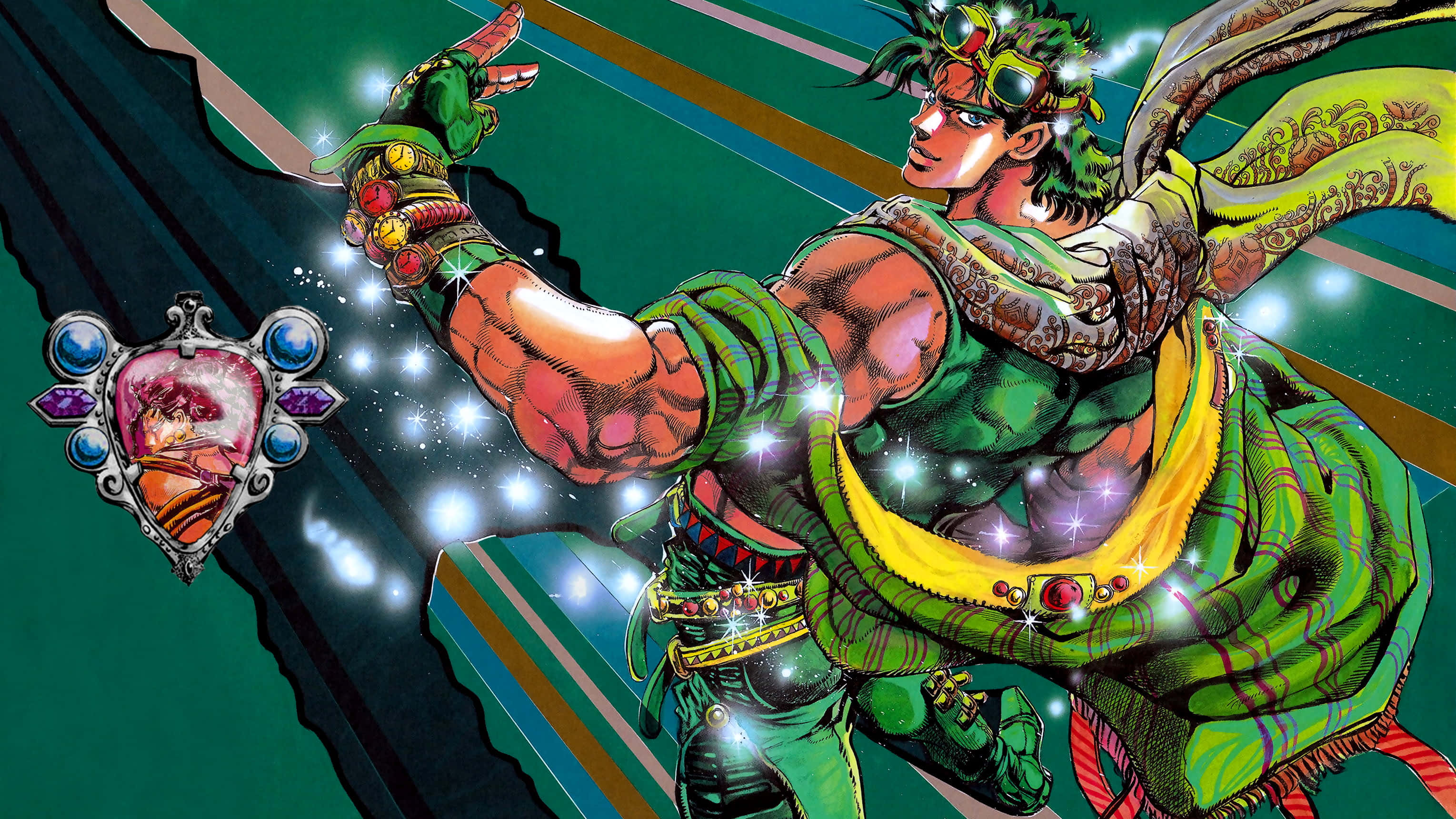 Battle Tendency 桌布 壁紙 — 一個肌肉發達的動漫戰士，身穿綠色盔甲和護目鏡，在黑暗的幾何背景前釋放出一個發光的魔法神器。