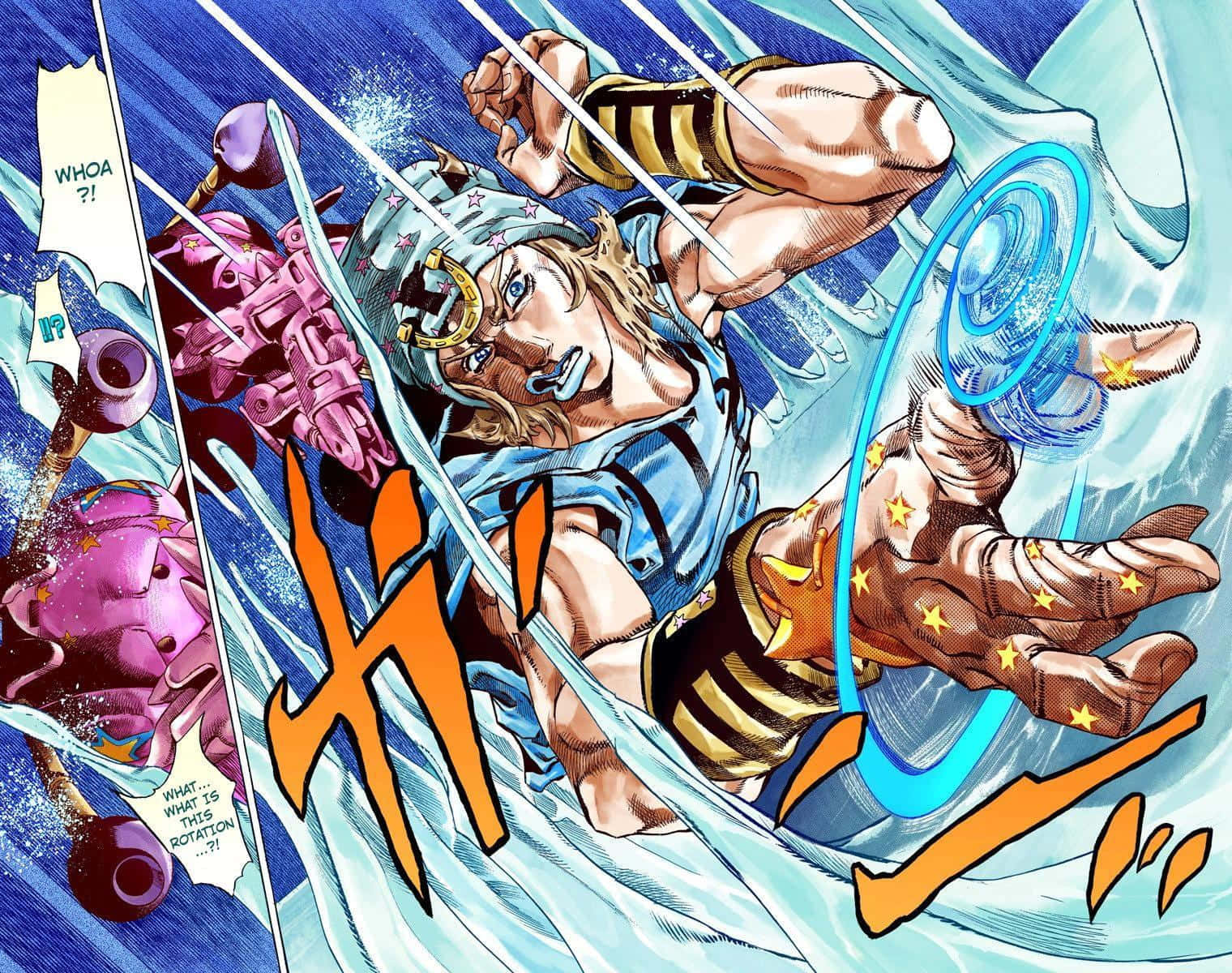 Jojo Steel Ball Run 桌布 壁紙 — 一個肌肉發達的動漫戰士，身穿藍色和金色盔甲，用發光的劍劈開冰藍色的能量，周圍環繞著漫畫音效和一個驚訝的粉紅色生物。