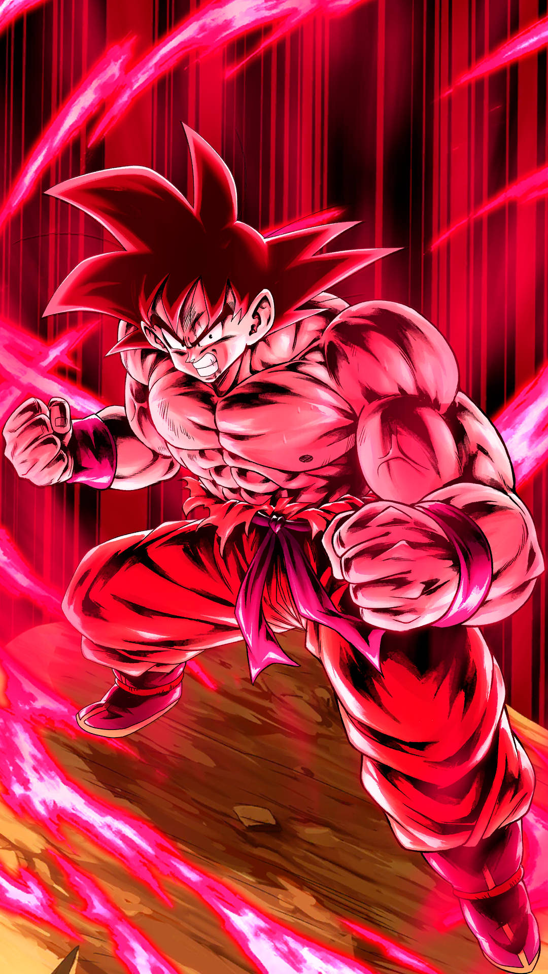 kaioken 桌布 壁紙 — 一個肌肉發達的動漫戰士，身處紅色光環中，以戰鬥姿態站在充滿活力的紅色能量背景前。