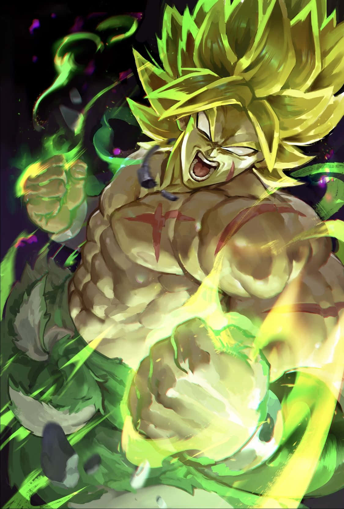 Legendary Super Saiyan 桌布 壁紙 — 一個肌肉發達的動漫戰士，金色尖刺頭髮，在黑暗背景中緊握拳頭，綠色能量在拳頭周圍劈啪作響，發出怒吼。
