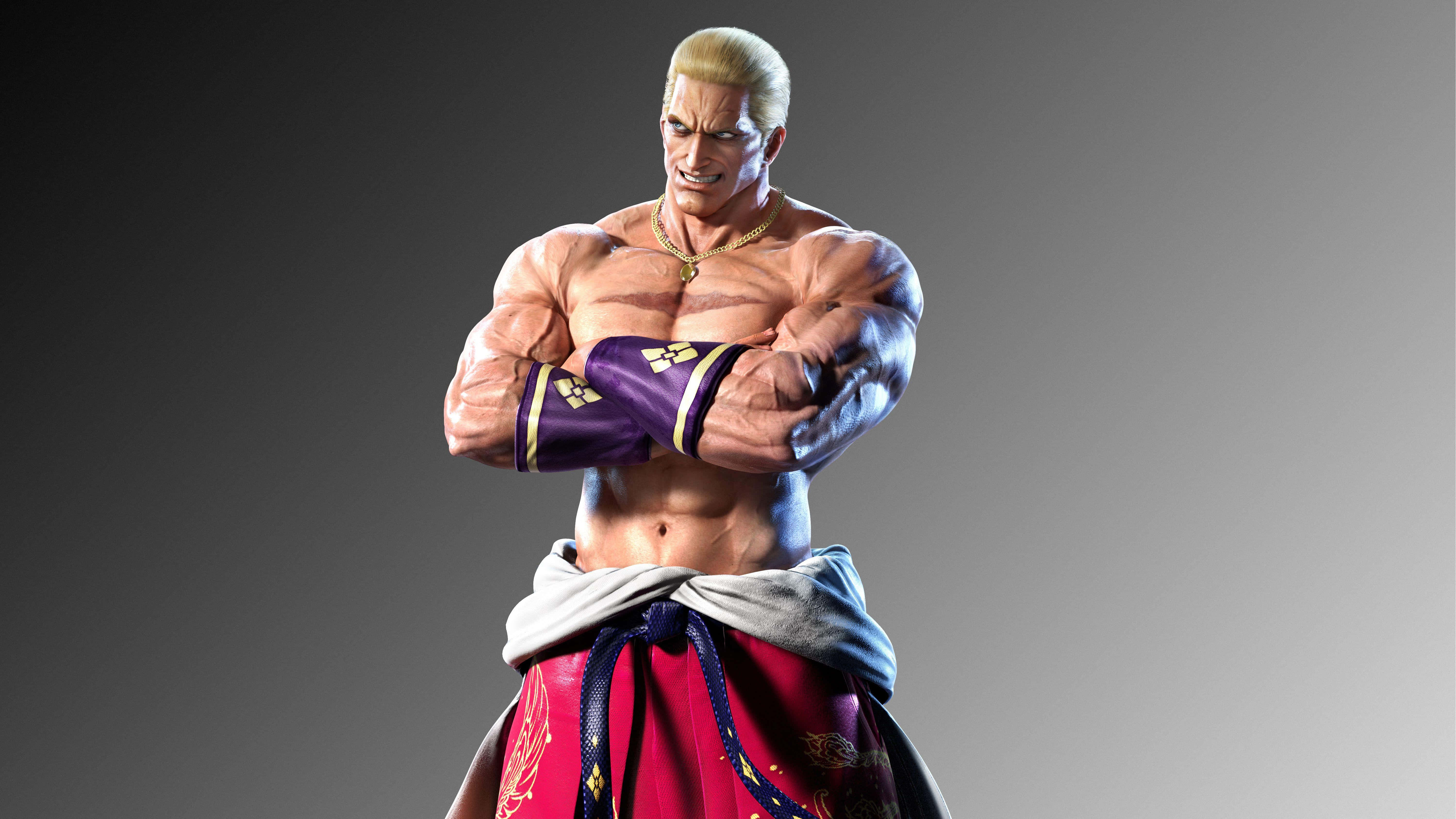 Tekken Characters 桌布 壁紙 — 一個肌肉發達的動漫戰士，金髮，紫色手臂纏帶，交叉雙臂自信地站在漸變灰色背景前。