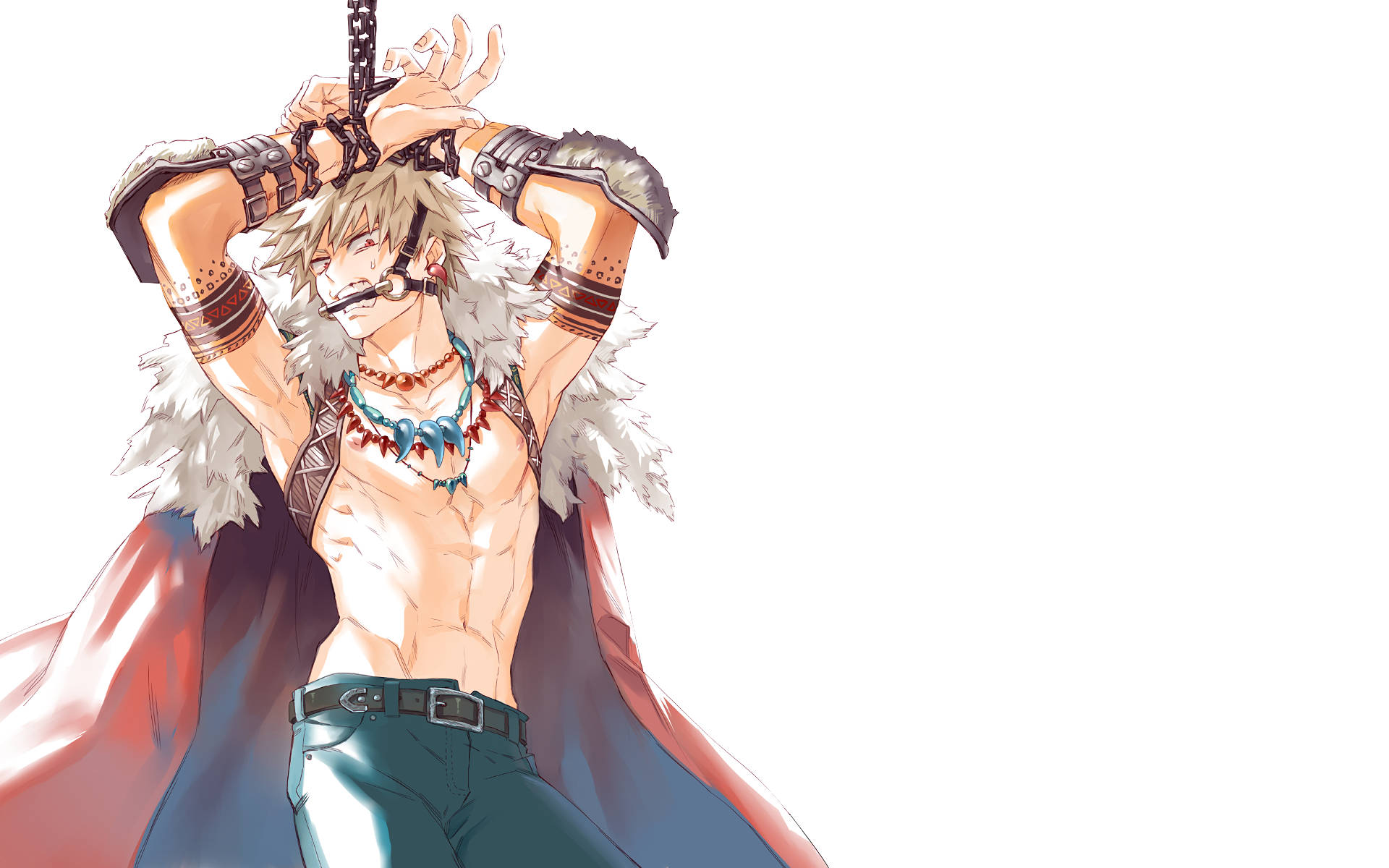Bakugo 桌布 壁紙 — 一個肌肉發達的動漫戰士，金髮紅披風，在純白背景前將劍高舉過頭。