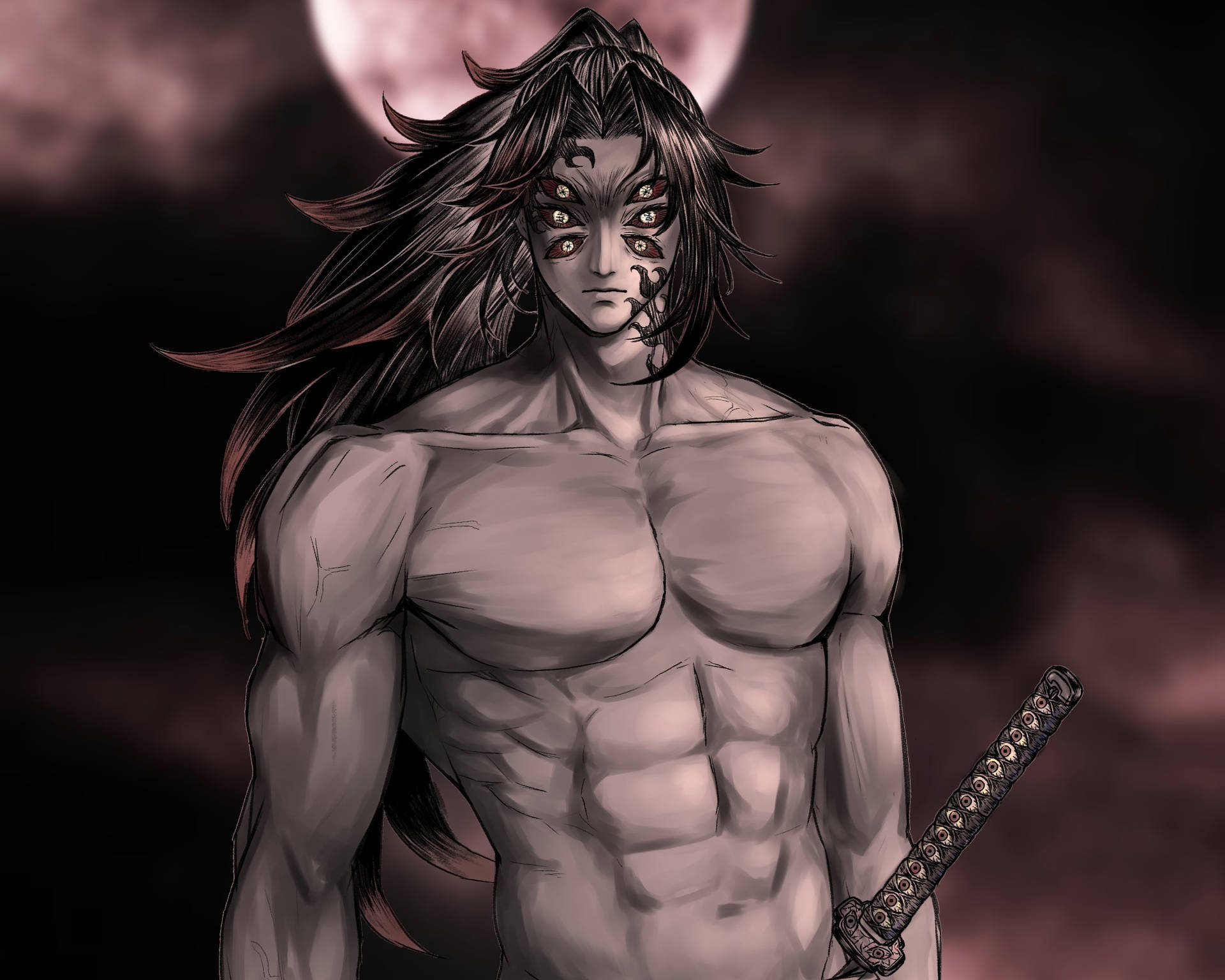 桌布 壁紙 — 一個肌肉發達的動漫戰士，長著深色長髮和惡魔般的面部標記，站在血紅色的月亮下，手持武士刀。