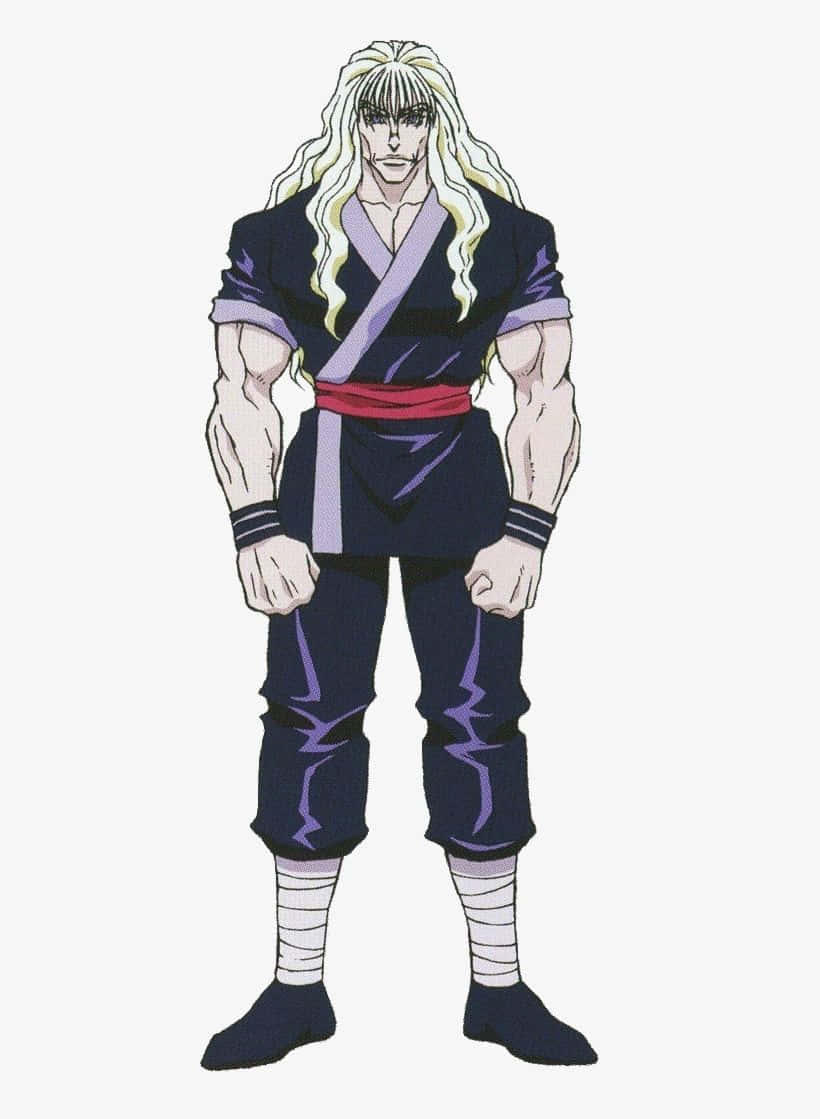 Silva Zoldyck 桌布 壁紙 — 一個肌肉發達的動漫戰士，長長的白髮，身穿深藍色道服，帶有紫色點綴和紅色腰帶。