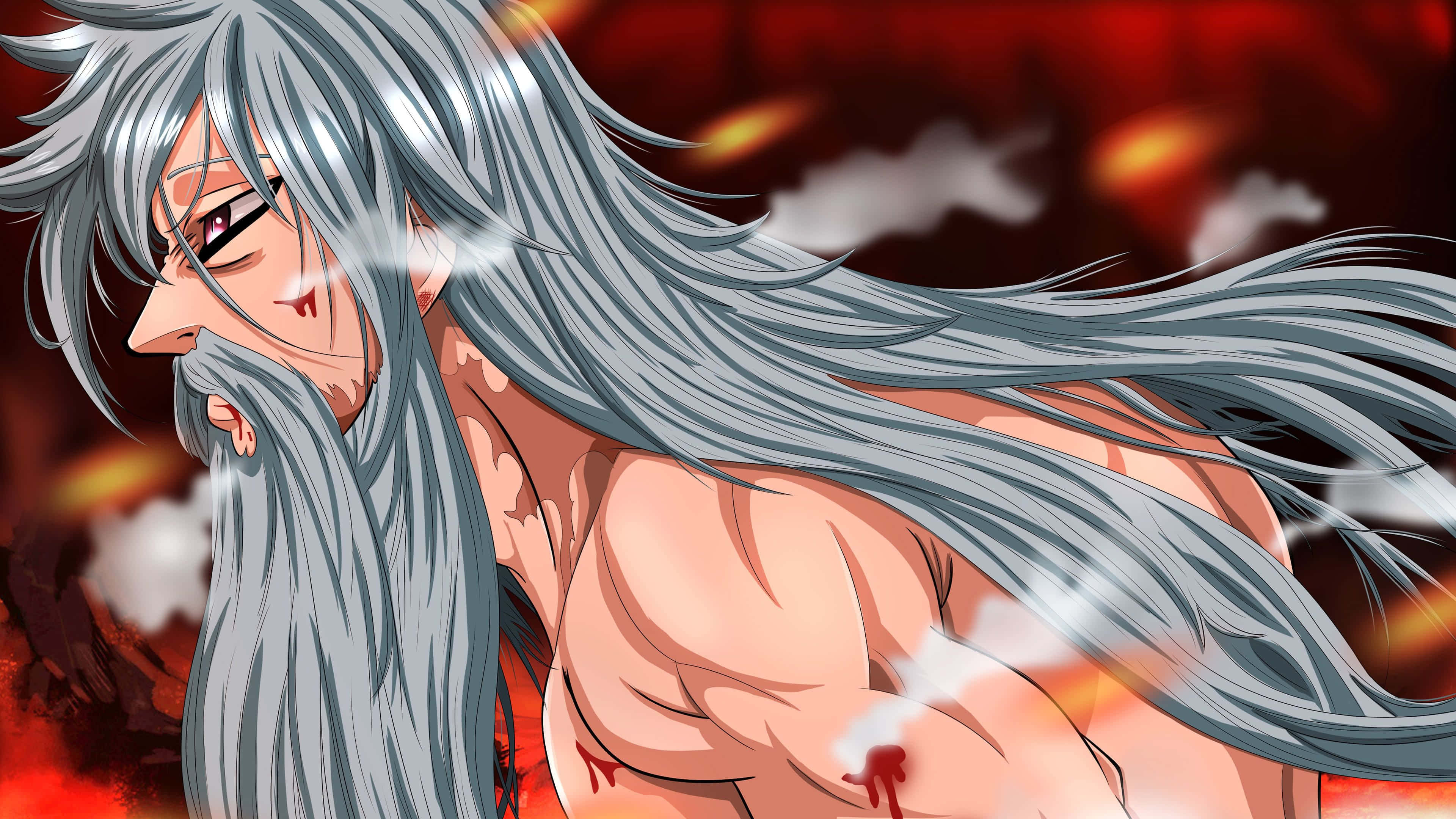 Seven Deadly Sins Ban 桌布 壁紙 — 一個肌肉發達的動漫戰士，長長銀髮和鬍鬚，站在火紅煙霧中，臉上和胸口有血痕。
