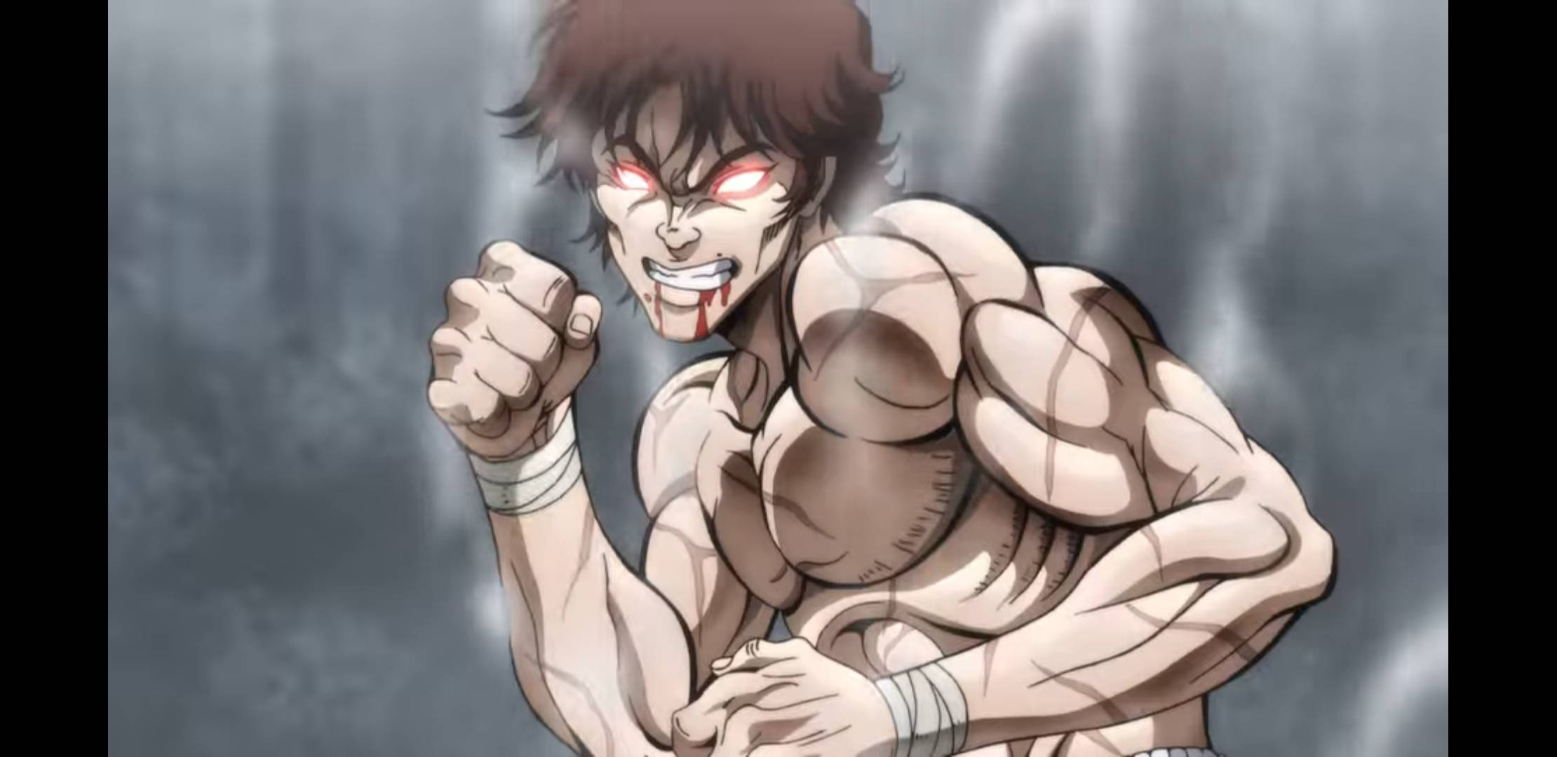 Baki 桌布 壁紙 — 一個肌肉發達的動漫戰士，閃爍著紅色的眼睛和血淋淋的嘴巴，在暴風雨的灰色背景中咆哮。