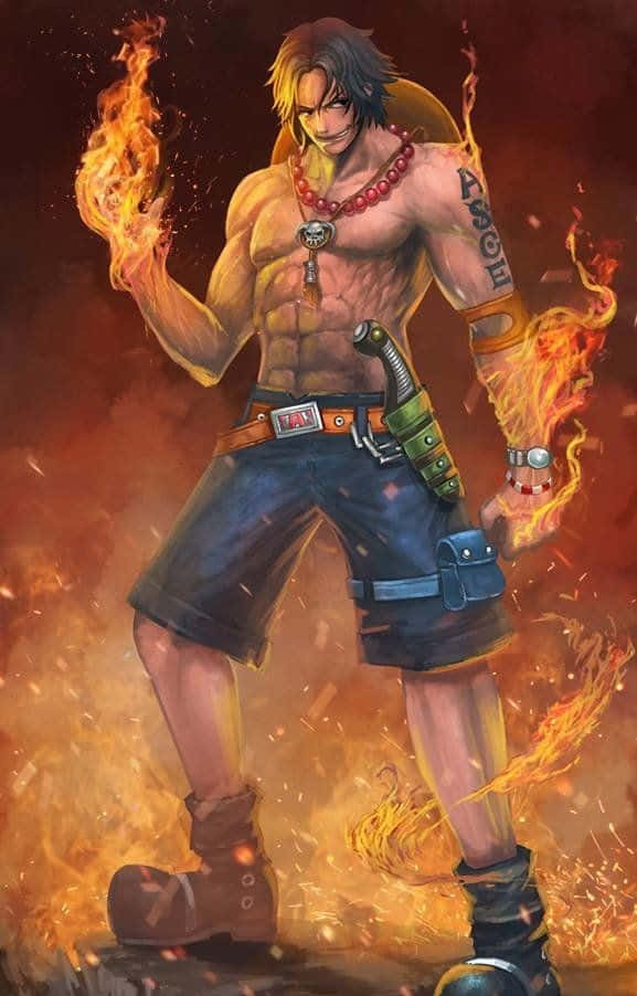 One Piece Ace's Death 桌布 壁紙 — 一個肌肉發達的動漫戰士，雙手燃燒著火焰，戴著紅色珠鏈，在熾熱的橙色背景前挑釁地站立。