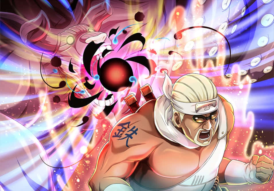 Gyuki 桌布 壁紙 — 一個肌肉發達的動漫戰士，頭戴頭帶，身上有漢字刺青，在充滿活力的宇宙背景下咆哮著釋放出旋轉的紅色查克拉球。