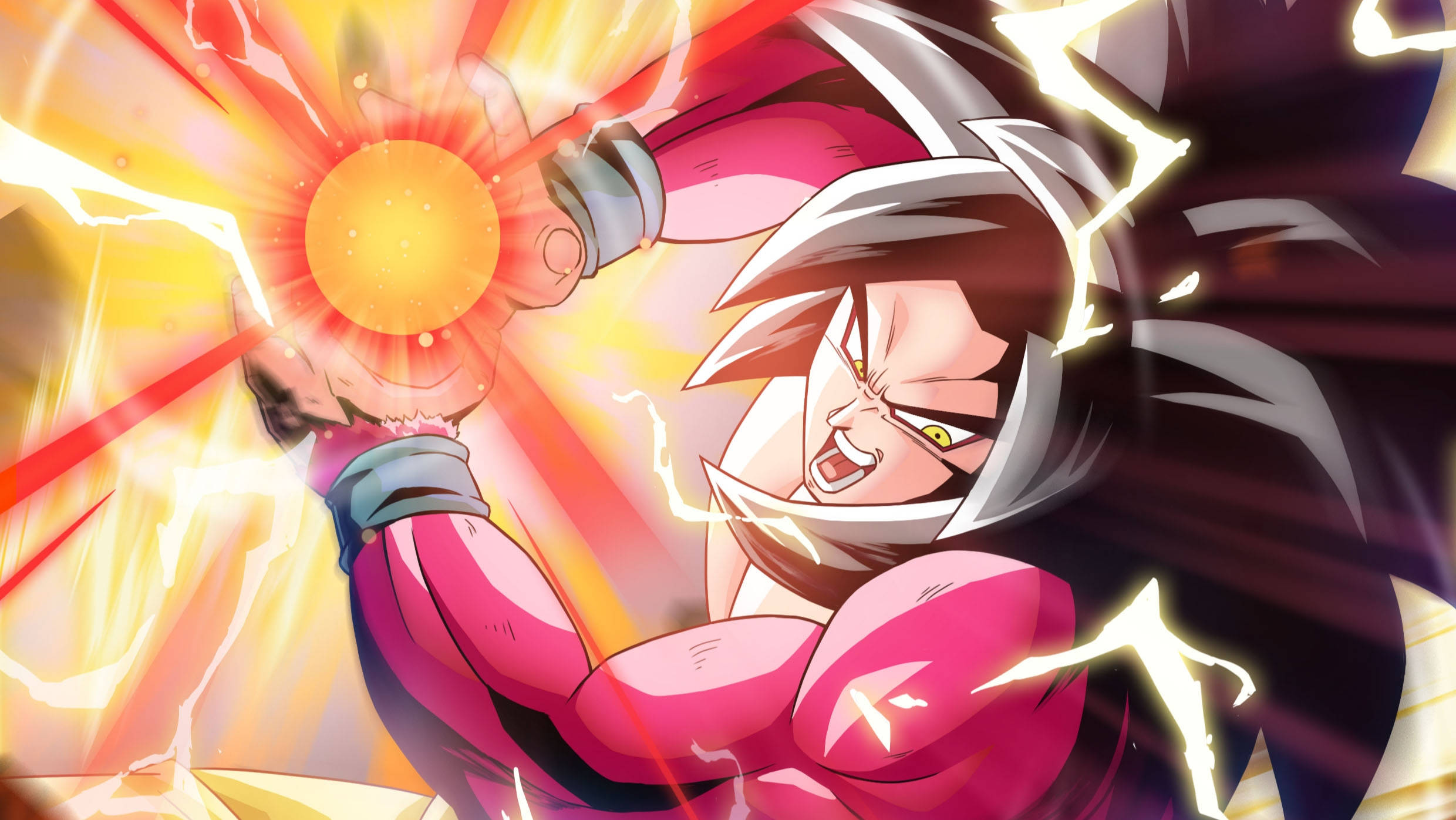 Ssj4 Goku 桌布 壁紙 — 一個肌肉發達的動漫戰士，頭髮尖刺，正在引導一個被噼啪閃電包圍的發光橙色能量球。