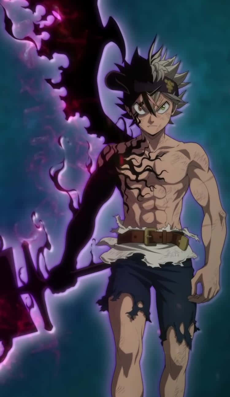 Black Clover Anime 桌布 壁紙 — 一個肌肉發達的動漫戰士，頭髮尖刺，在黑暗風暴背景下揮舞著發光的紫色劍。
