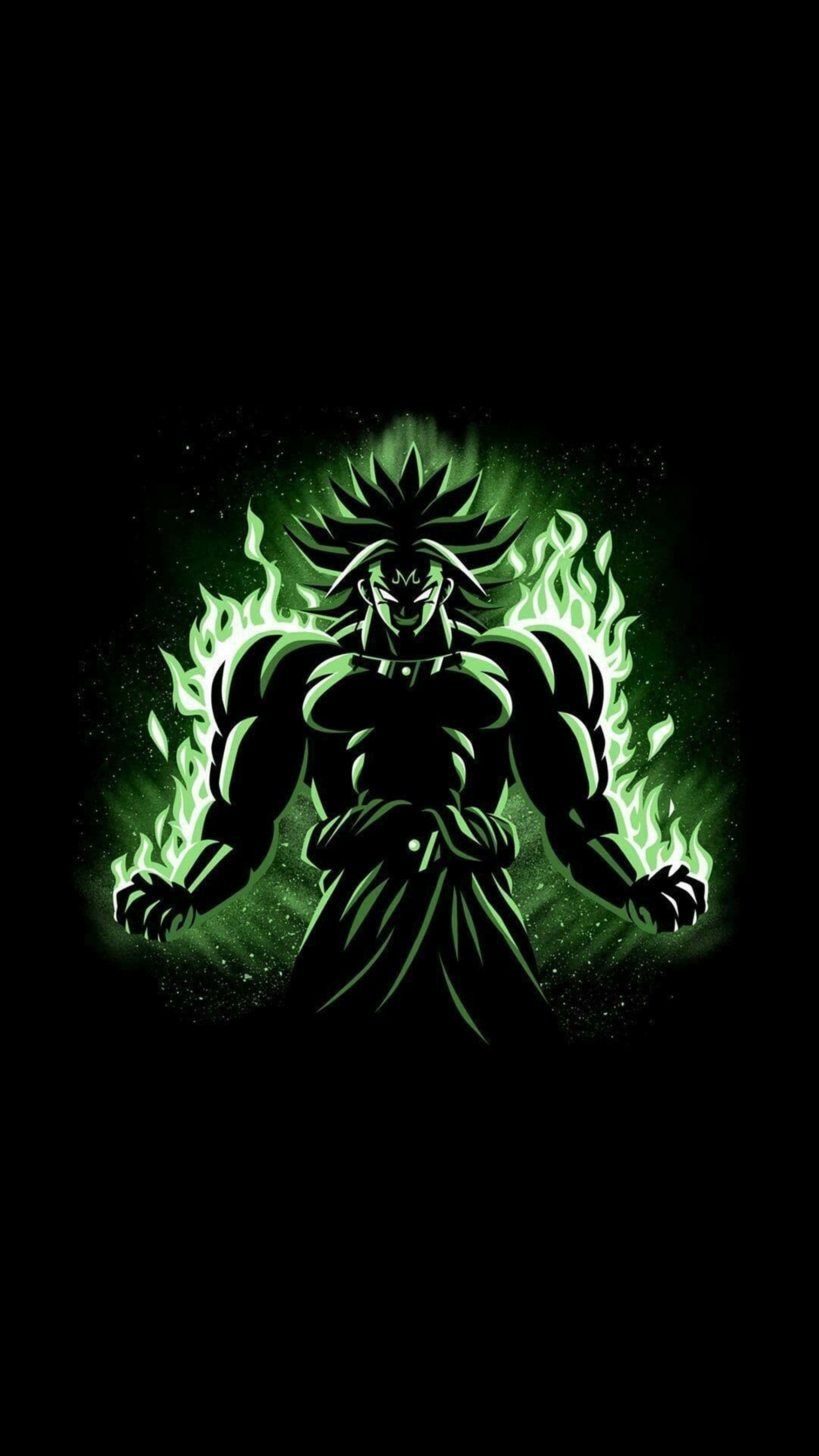 Broly 4K 桌布 壁紙 — 一個肌肉發達的動漫戰士，頭髮尖刺，在黑色背景上散發出發光的綠色能量。