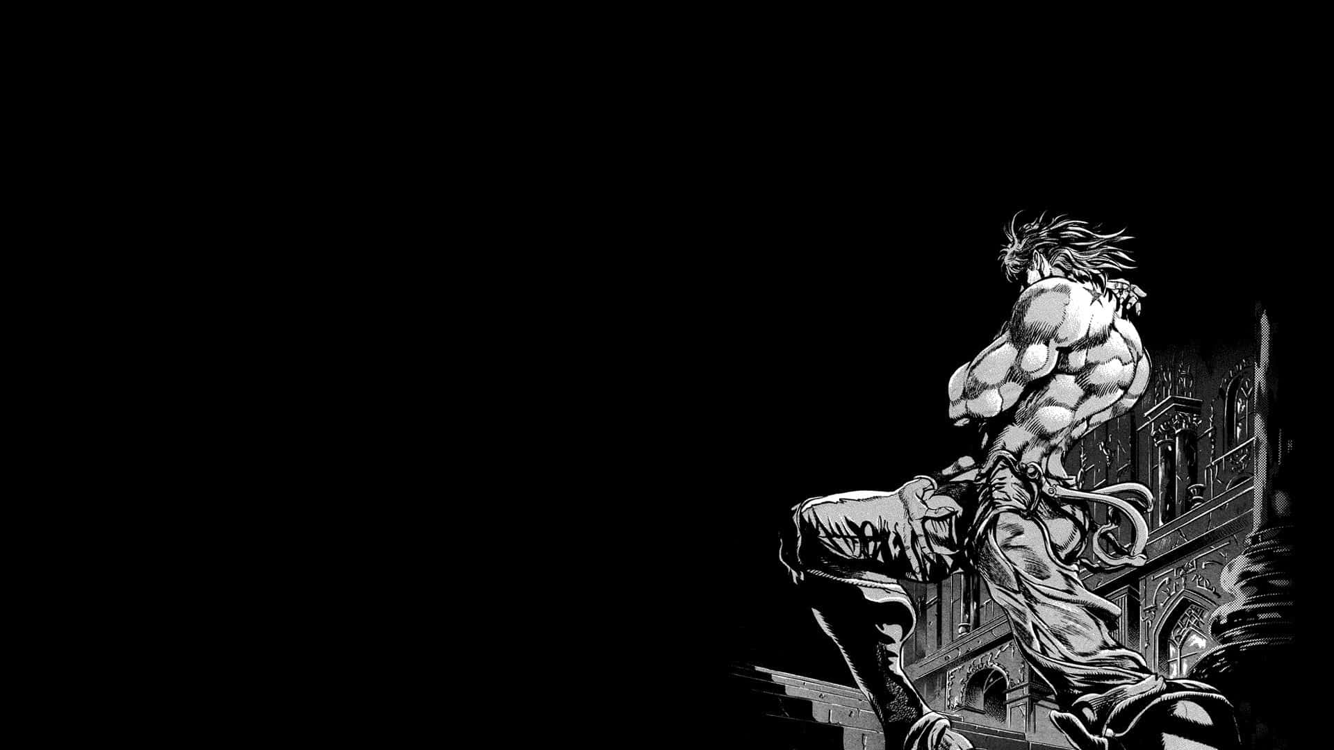 Jjba 桌布 壁紙 — 一個肌肉發達的動漫戰士，頭髮狂野，站在黑暗哥德式建築頂端，背景是黑色虛空。