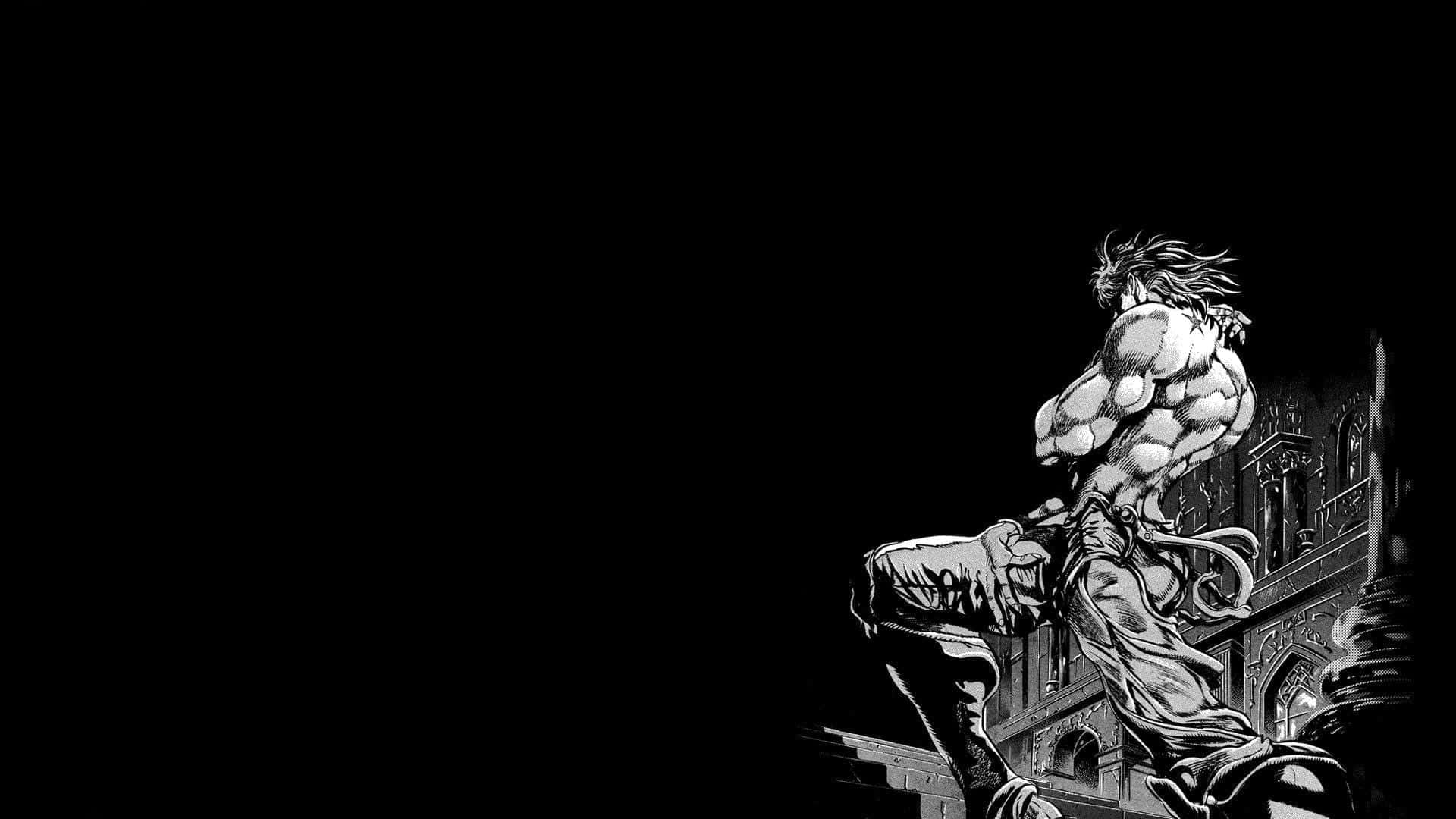 Battle Tendency 桌布 壁紙 — 一個肌肉發達的動漫戰士，頭髮狂野，站在黑暗哥德式建築頂端，背景是黑色虛空。