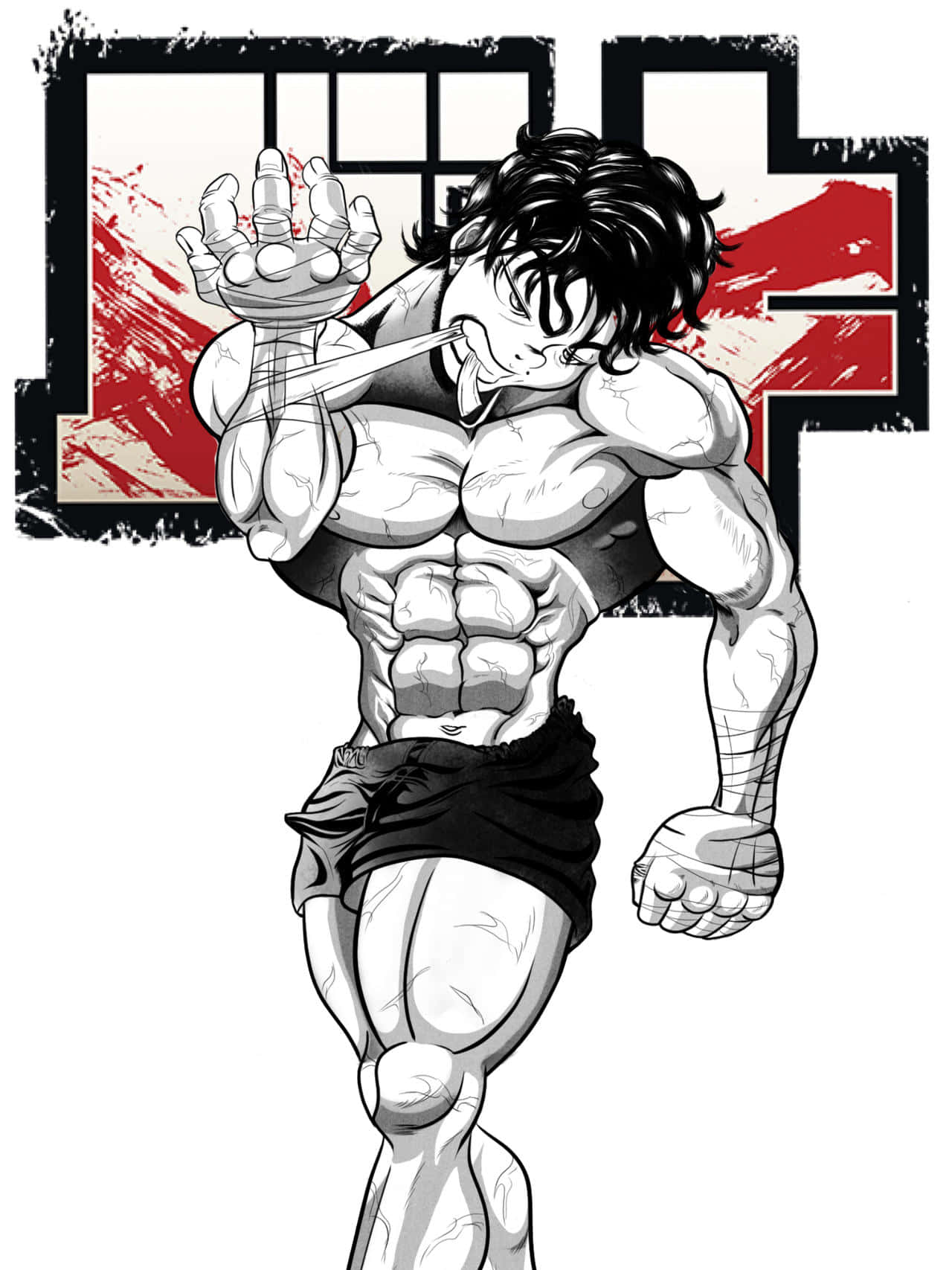 巴奇·漢馬 桌布 壁紙 — 一個肌肉發達的動漫戰士，頭髮狂野，拳頭纏著繃帶，在紅色和黑色的抽象背景前擺出強有力的姿勢。