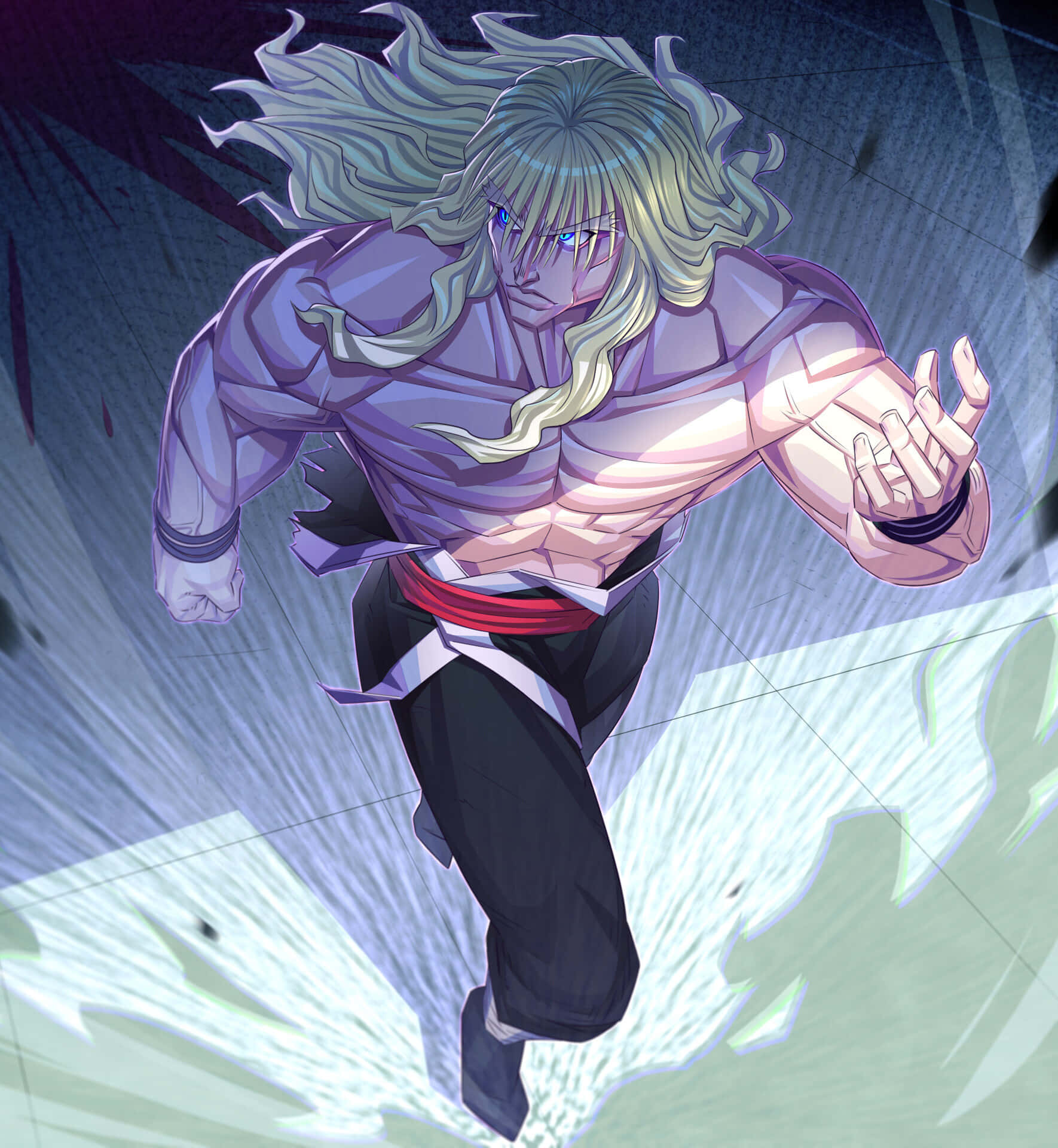 Silva Zoldyck 桌布 壁紙 — 一個肌肉發達的動漫戰士，飄逸的金色頭髮和藍色眼睛，在條紋背景下以動態姿勢向前衝刺。