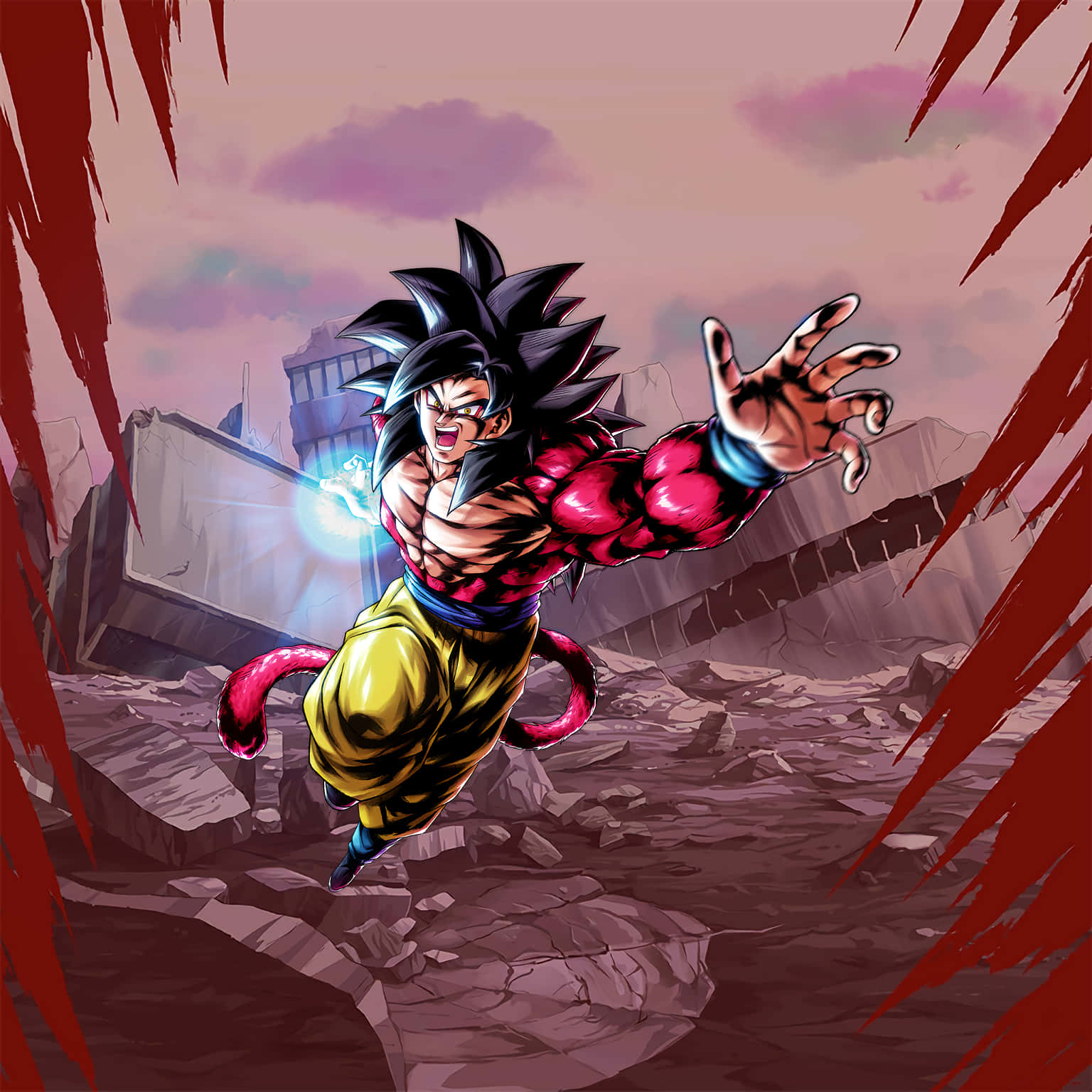 Goku Super Saiyan 4 桌布 壁紙 — 一個肌肉發達的動漫戰士，黑色刺蝟頭和紅色氣場，在粉紅色天空下跳過破碎的戰場。