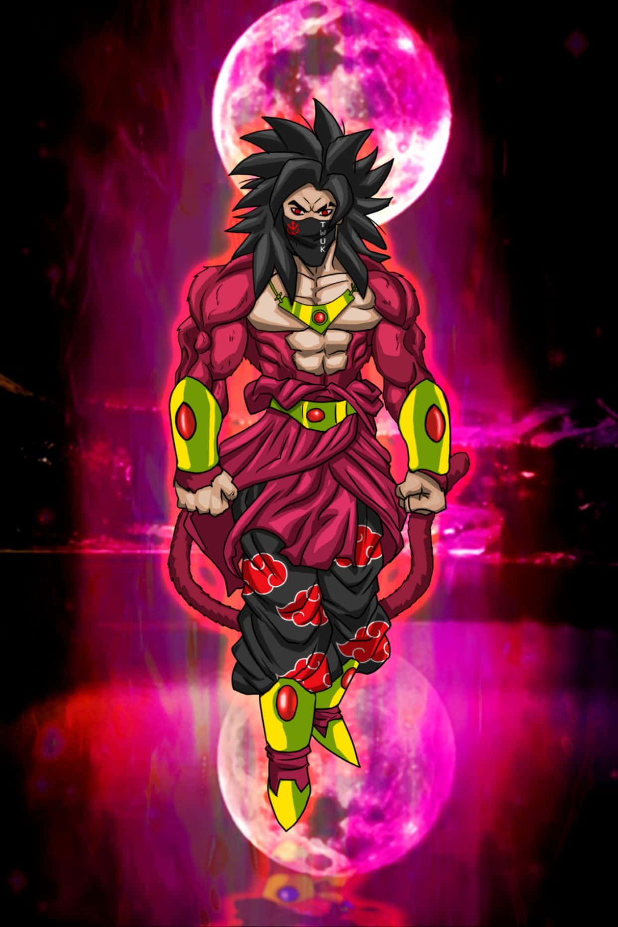 Legendary Super Saiyan 桌布 壁紙 — 一個肌肉發達的動漫戰士，黑色刺蝟頭和紅色眼睛，在發光的粉紅色月亮背景下挑釁地站立。