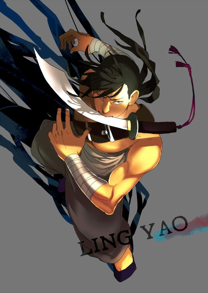 Ling Yao 桌布 壁紙 — 一個肌肉發達的動漫戰士，黑髮，手臂纏著繃帶，在灰色背景下握著一把彎刀，動作中。