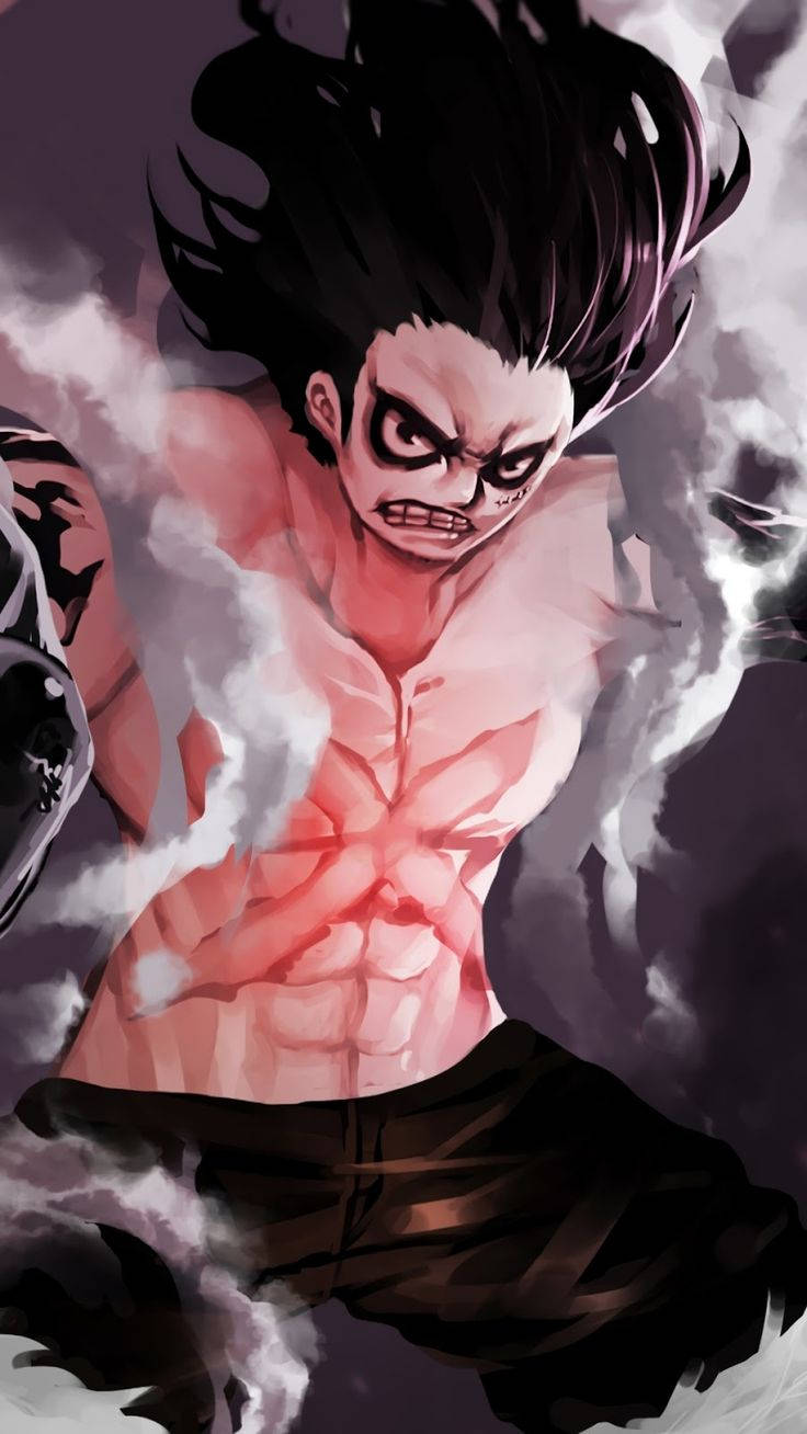 luffy gear 4 桌布 壁紙 — 一個肌肉發達的動漫戰士，黑髮，眼神銳利，在旋轉的煙霧和烏雲中咆哮。