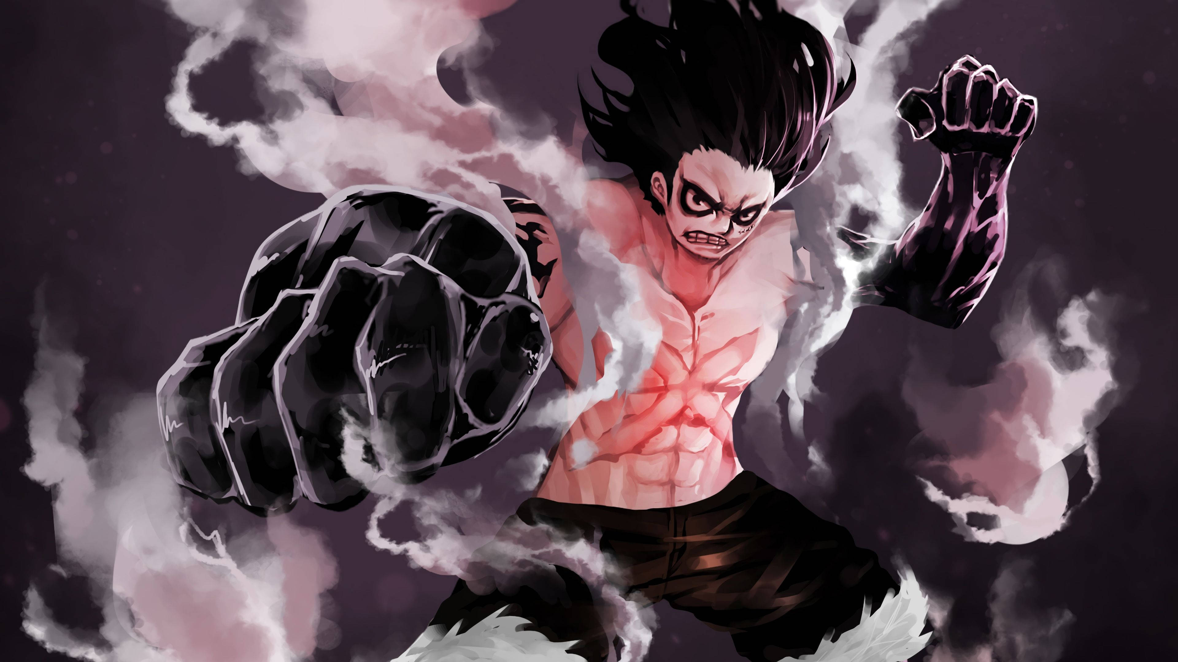 luffy gear 4 桌布 壁紙 — 一個肌肉發達的動漫戰士，黑髮發光的眼睛，在黑暗背景中咆哮著向前出拳，周圍環繞著旋轉的粉紅色和灰色煙霧。