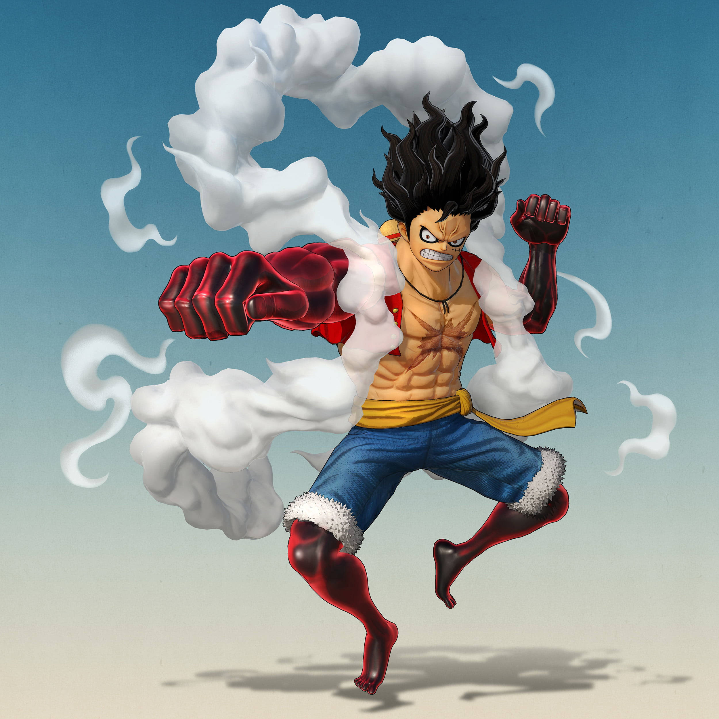 Luffy Aesthetic 桌布 壁紙 — 一個肌肉發達的動漫戰士，黑髮紅手套，在漸變藍天下被旋轉的白煙包圍向前躍進。