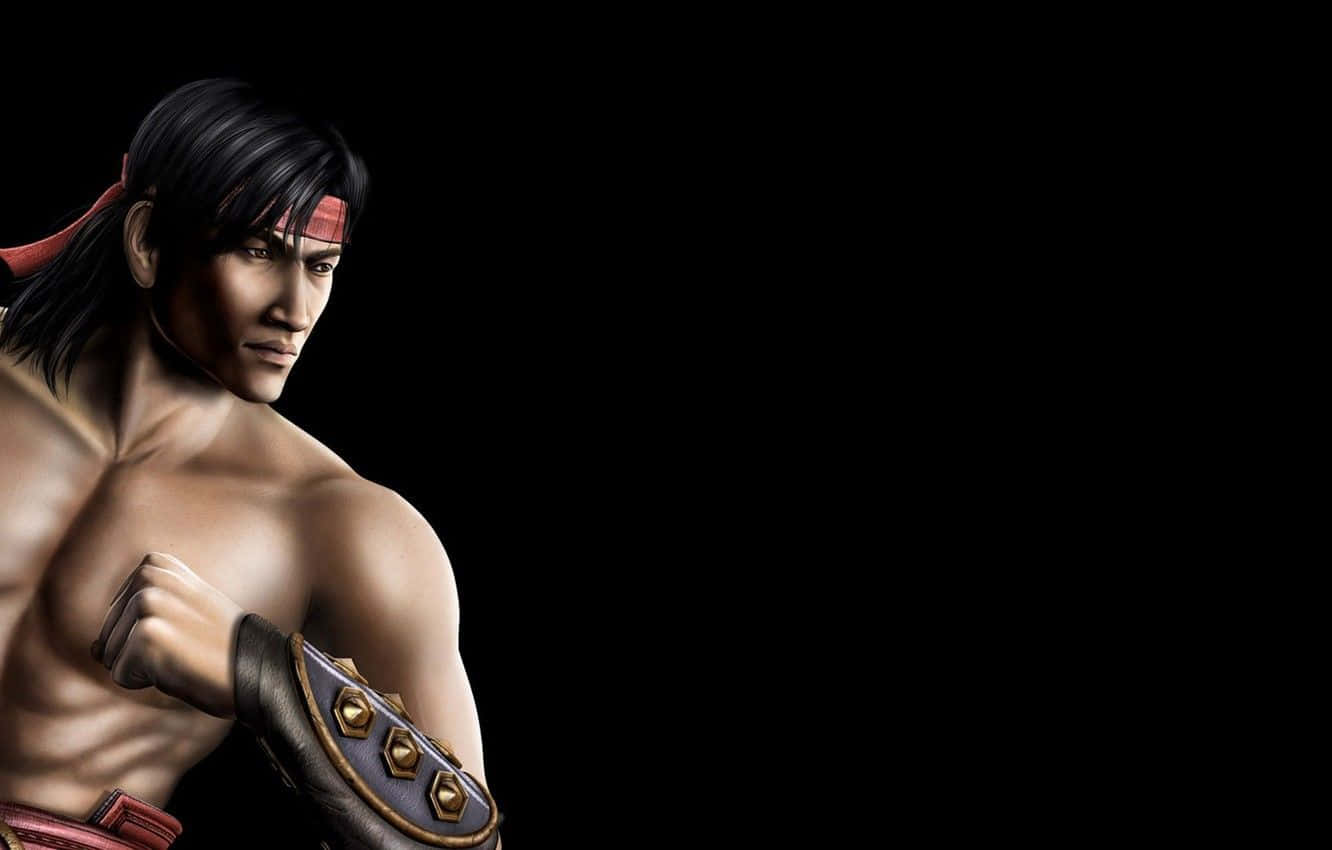 Mortal Kombat Liu Kang 桌布 壁紙 — 一個肌肉發達的動漫戰士，黑髮紅頭帶，在純黑背景前擺出戰鬥姿勢。