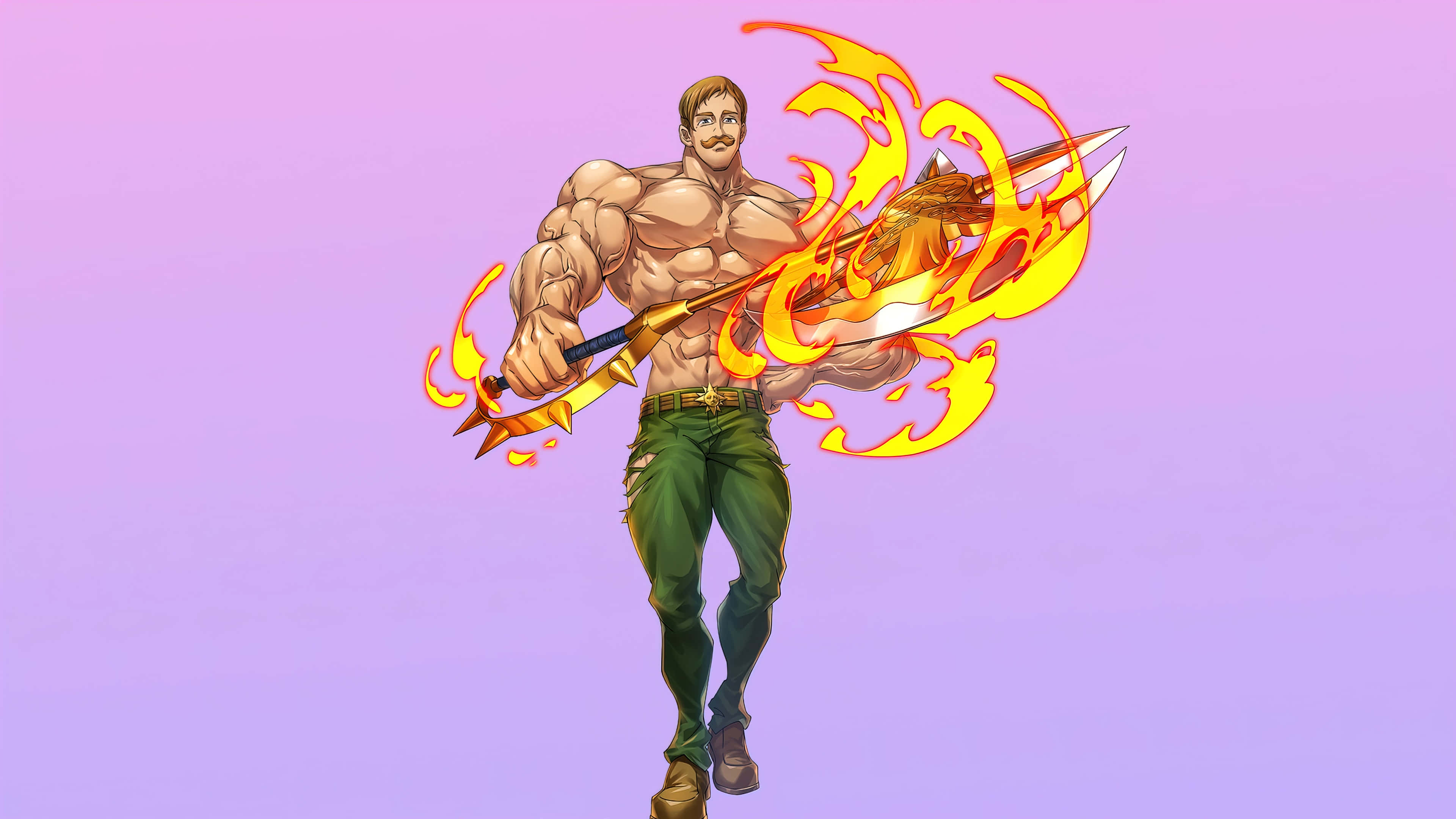 Escanor 桌布 壁紙 — 一個肌肉發達的動漫戰士在柔和的紫色漸變背景前揮舞著火焰劍。