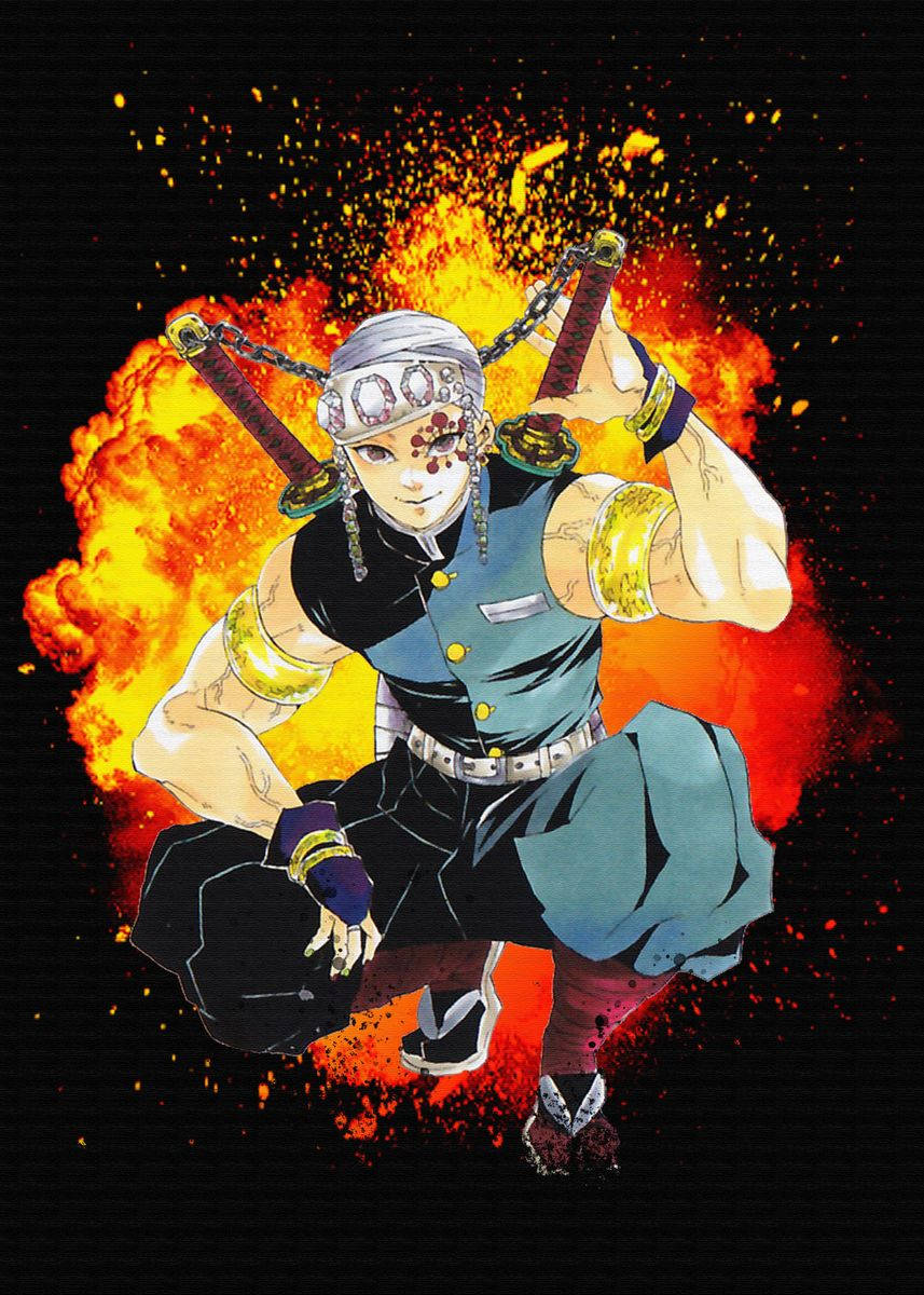 Tengen 桌布 壁紙 — 一個肌肉發達的動漫戰士在火焰爆炸背景下動態蹲伏，手持兩把劍和華麗裝備。