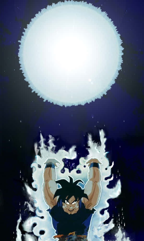 Goku's Spirit Bomb Sword 桌布 壁紙 — 一個肌肉發達的動漫戰士在繁星點點的夜空下，將一個巨大的發光能量球高舉過頭頂。