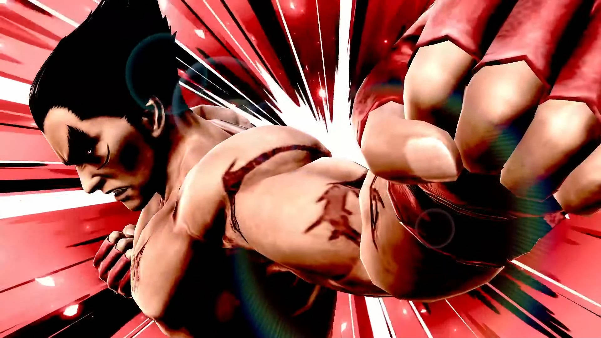 kazuya mishima 桌布 壁紙 — 一個肌肉發達的動漫戰士從他緊握的拳頭釋放出紅色能量，打出強力一拳。