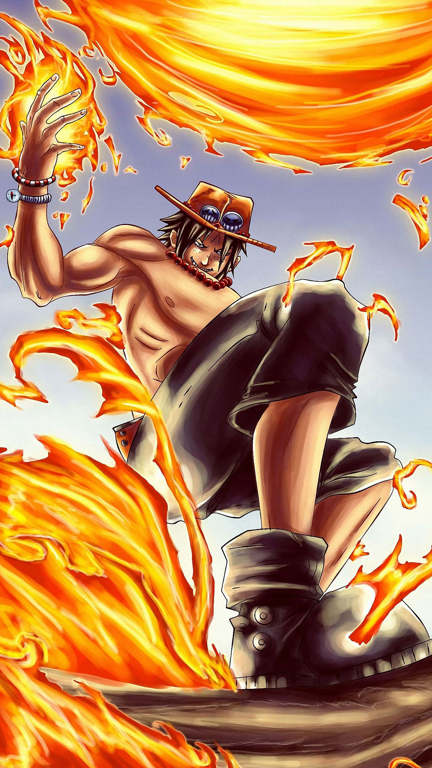 Sanji iPhone 桌布 壁紙 — 一個肌肉發達的動漫戰士戴著草帽，在蒼白的天空下，舉起的手周圍操控著旋轉的橙色火焰。