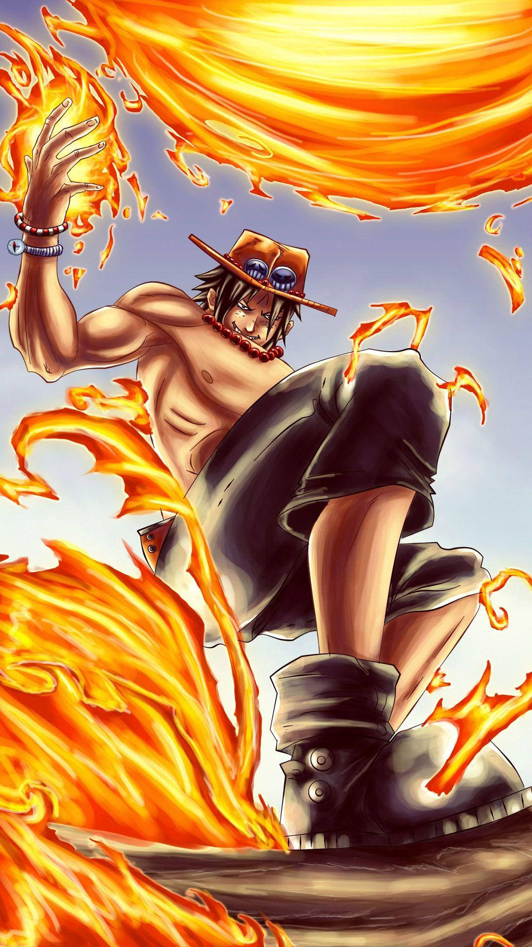 One Piece Phone 桌布 壁紙 — 一個肌肉發達的動漫戰士戴著草帽，舉起手向明亮的天空釋放出一股熾熱的能量。