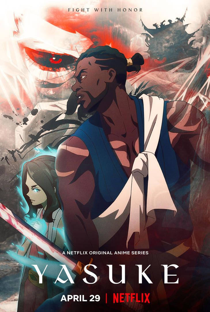 Yasuke 桌布 壁紙 — 一個肌肉發達的動漫戰士手持劍，挑釁地站立，身後一個巨大的紅眼惡魔在戲劇性的戰鬥場景中隱現。