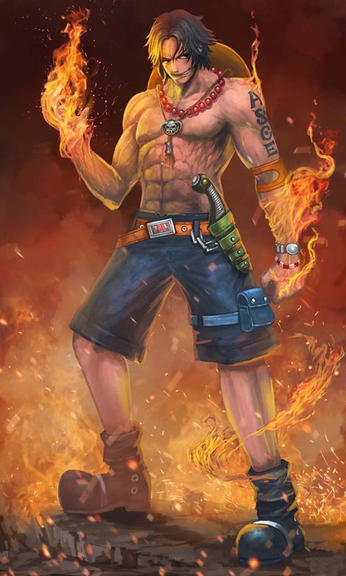 ace one piece 桌布 壁紙 — 一個肌肉發達的動漫戰士挑釁地站立，火焰從他的手和身體噴出，背景是火熱的。