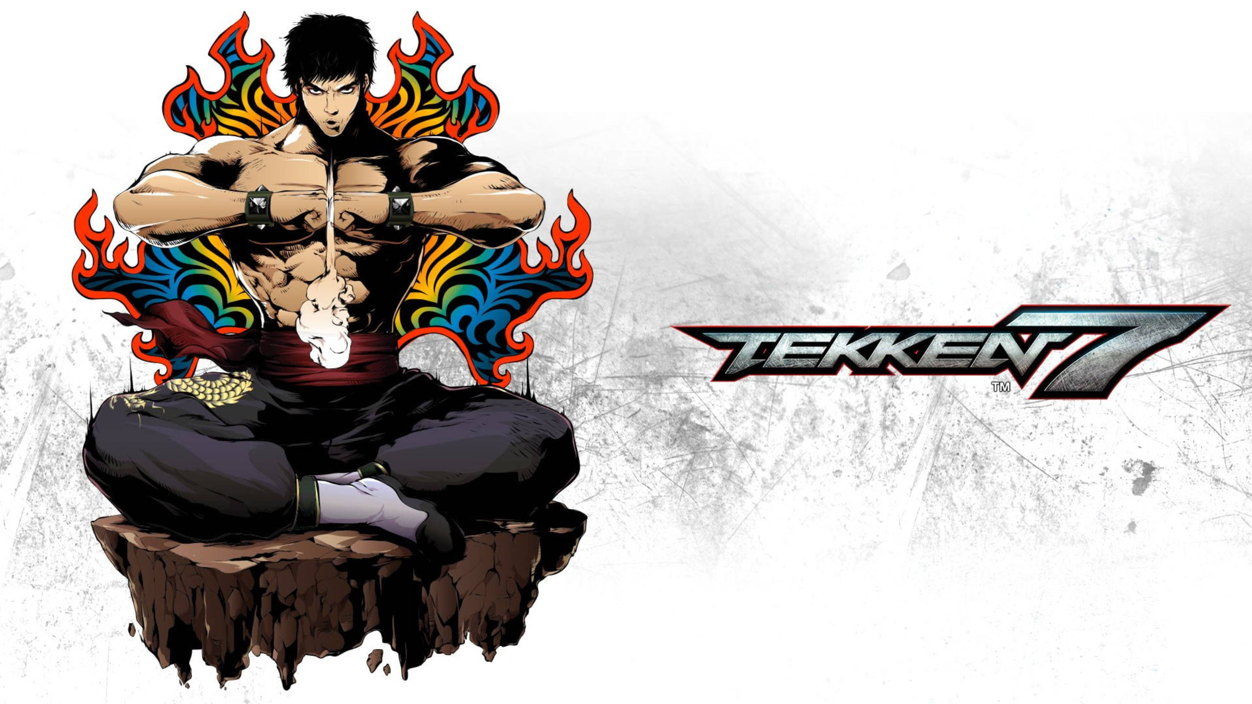 Tekken 桌布 壁紙 — 一個肌肉發達的動漫戰士盤腿坐在岩石上，背後有鮮豔的火焰圖案，背景是粗糙的白色。