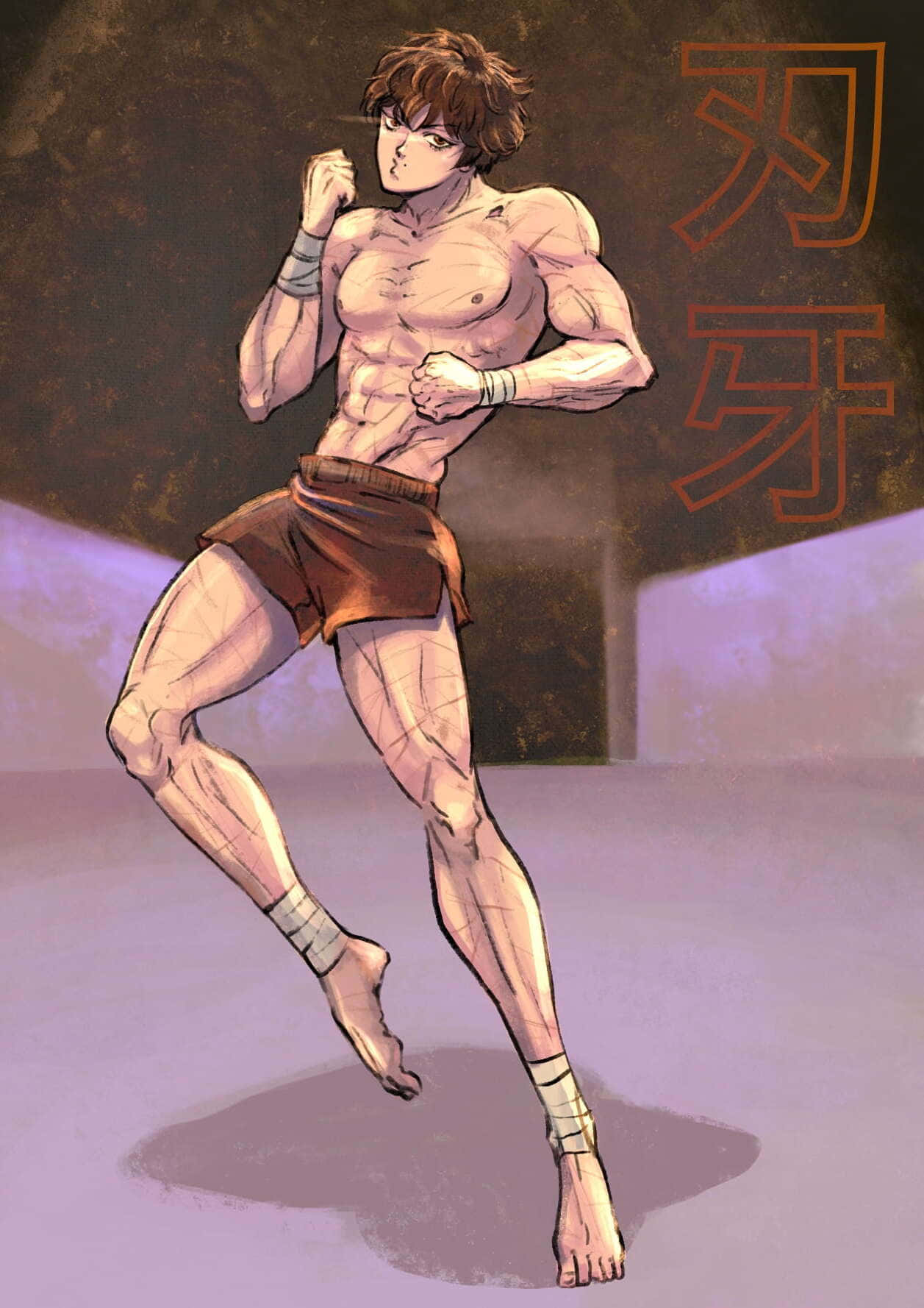 巴奇·漢馬 桌布 壁紙 — 一個肌肉發達的動漫戰士穿著棕色短褲和手腕/腳踝綁帶，在帶有紋理的紫色和棕色背景上，擺出動態武術姿勢，背景有日本漢字。