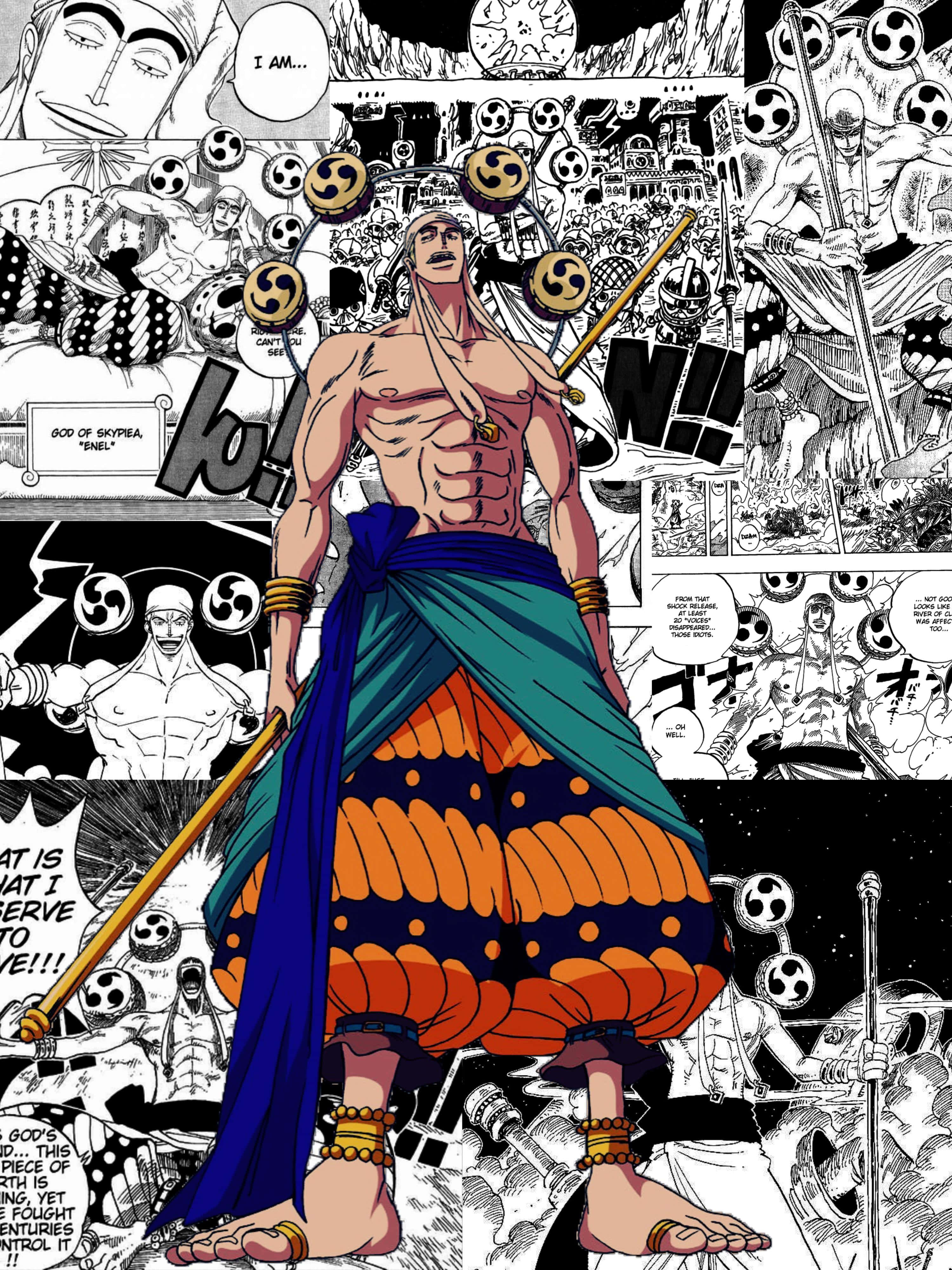 One Piece Enel 桌布 壁紙 — 一個肌肉發達的動漫戰士穿著橙色和藍色服裝，挑釁地站著，手持法杖，周圍環繞著漫畫面板。