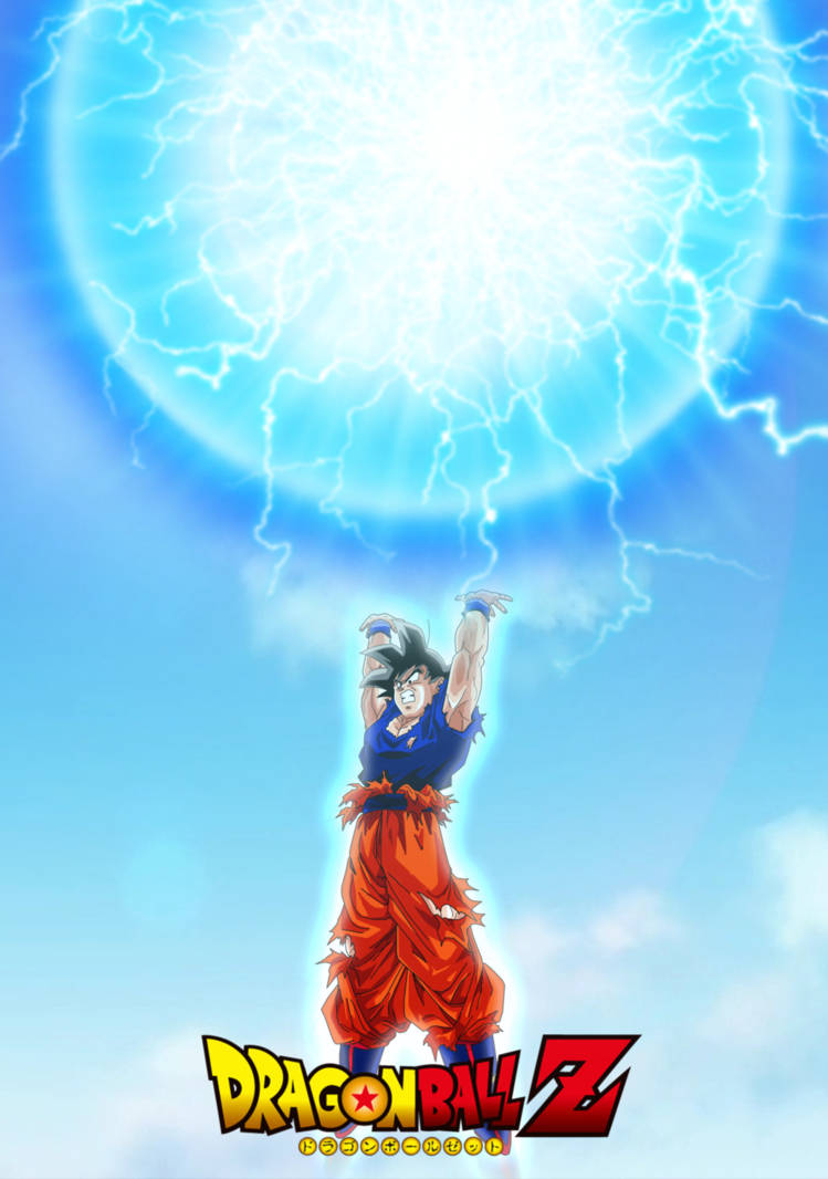 spirit 桌布 壁紙 — 一個肌肉發達的動漫戰士穿著橙色褲子，在明亮的天空下將藍色閃電引導成一個巨大的能量球。