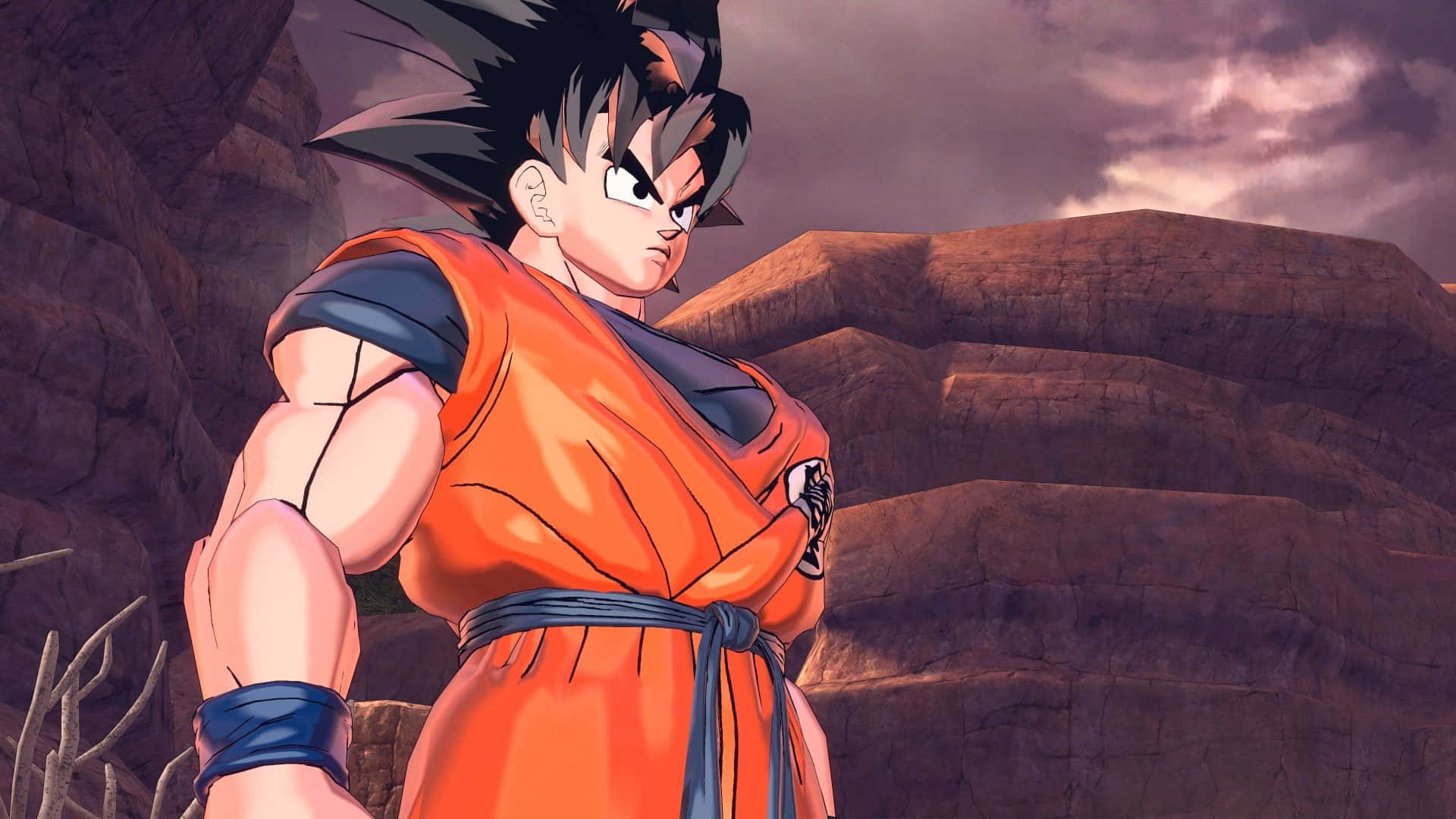 Dragon Ball Xenoverse 桌布 壁紙 — 一個肌肉發達的動漫戰士穿著橙色道服，在暴風雨紫色天空下的岩石峽谷中挑釁地站立。