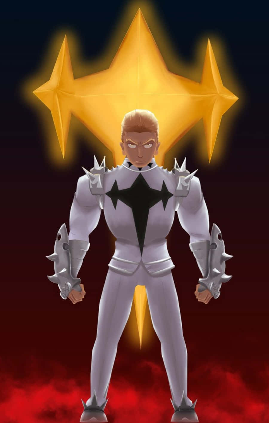 Ira Gamagoori 桌布 壁紙 — 一個肌肉發達的動漫戰士穿著白色盔甲，站在一個發光的金色星星前，背景是暗紅色的煙霧。