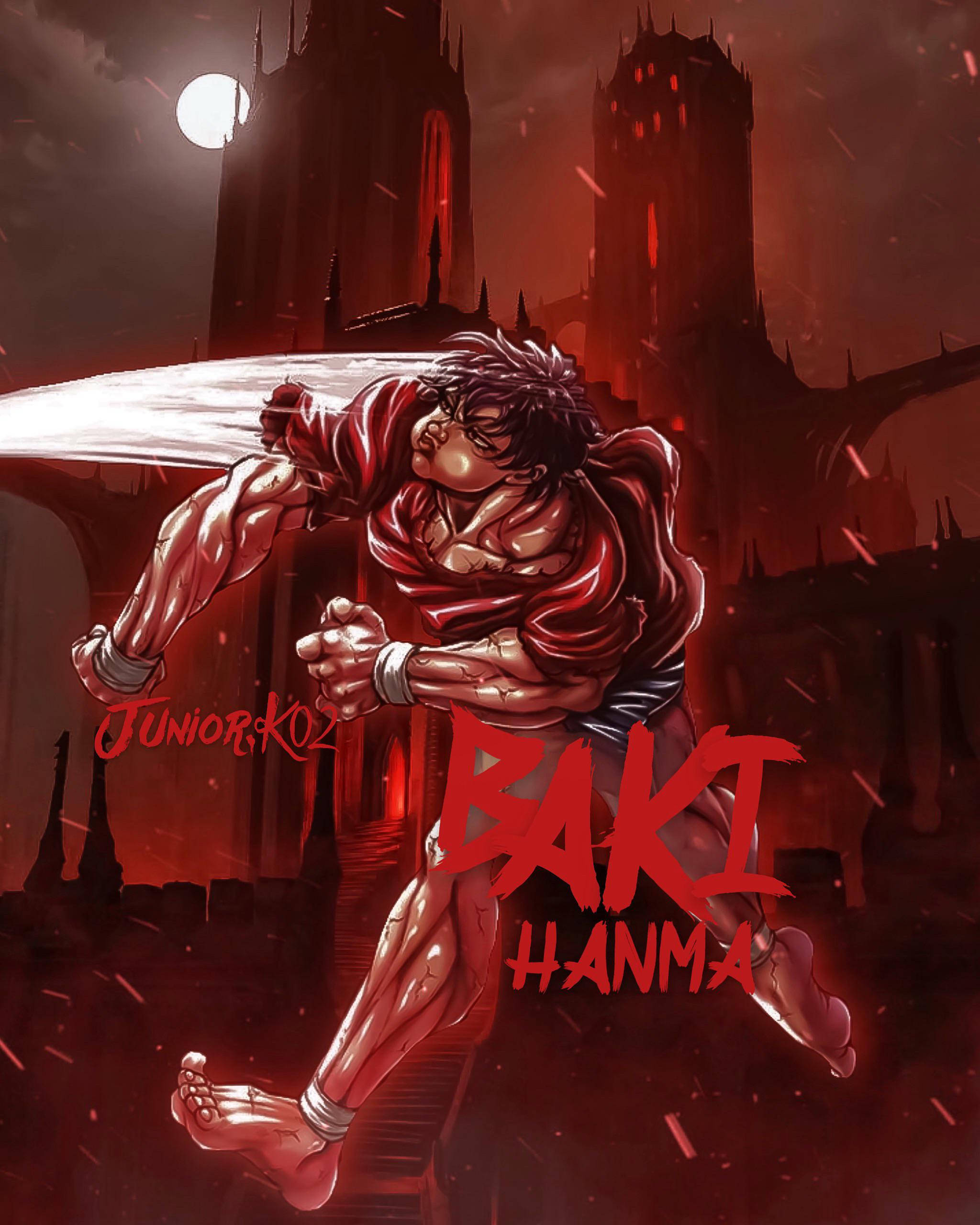 Baki 桌布 壁紙 — 一個肌肉發達的動漫戰士穿著紅布，在滿月下的哥德式大教堂背景下，手持發光的刀刃向前衝刺。
