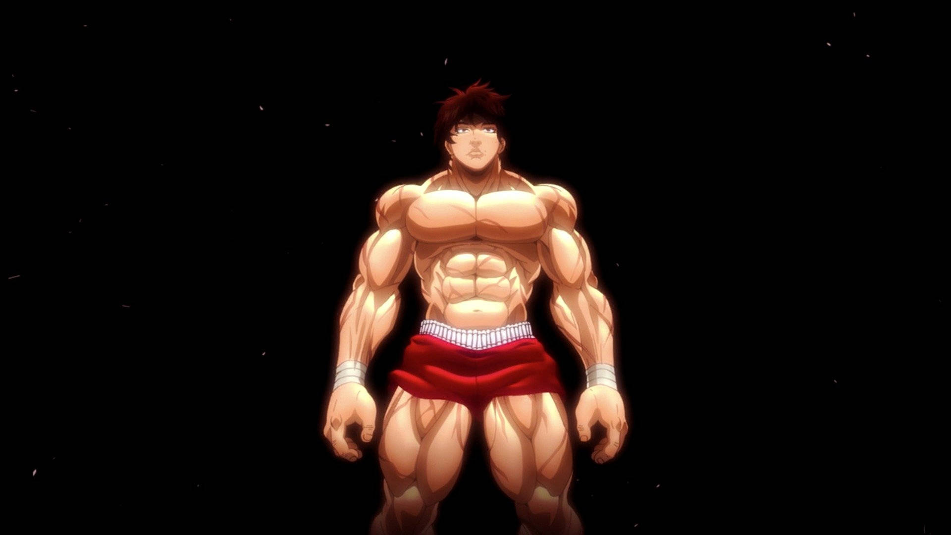 Baki 桌布 壁紙 — 一個肌肉發達的動漫戰士穿著紅色短褲，自信地站在星光閃爍的黑色虛空中，他的體格上有發光的高光。