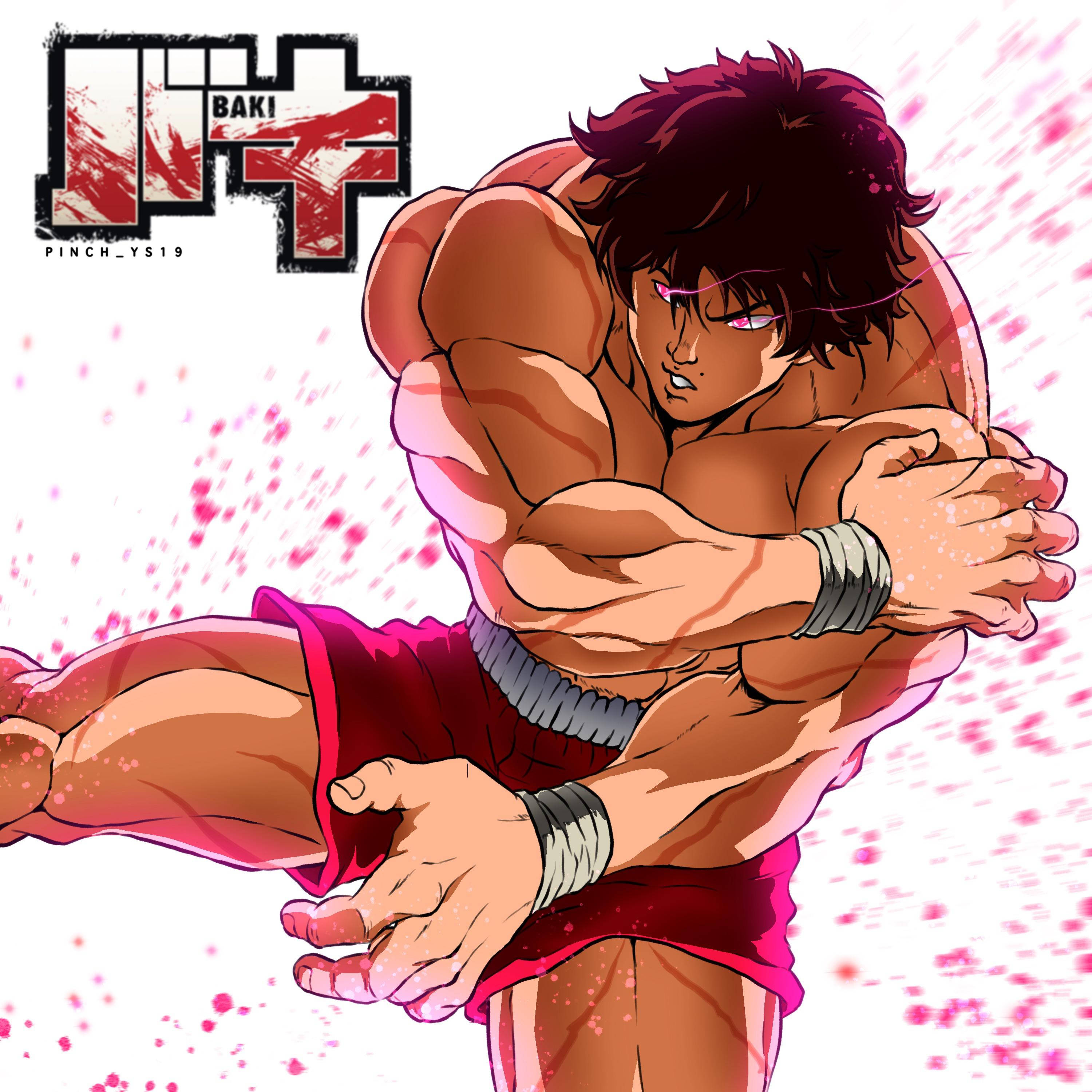 Baki 桌布 壁紙 — 一個肌肉發達的動漫戰士穿著紅色短褲，在帶有粉紅色飛濺的白色背景上激烈地扭打。