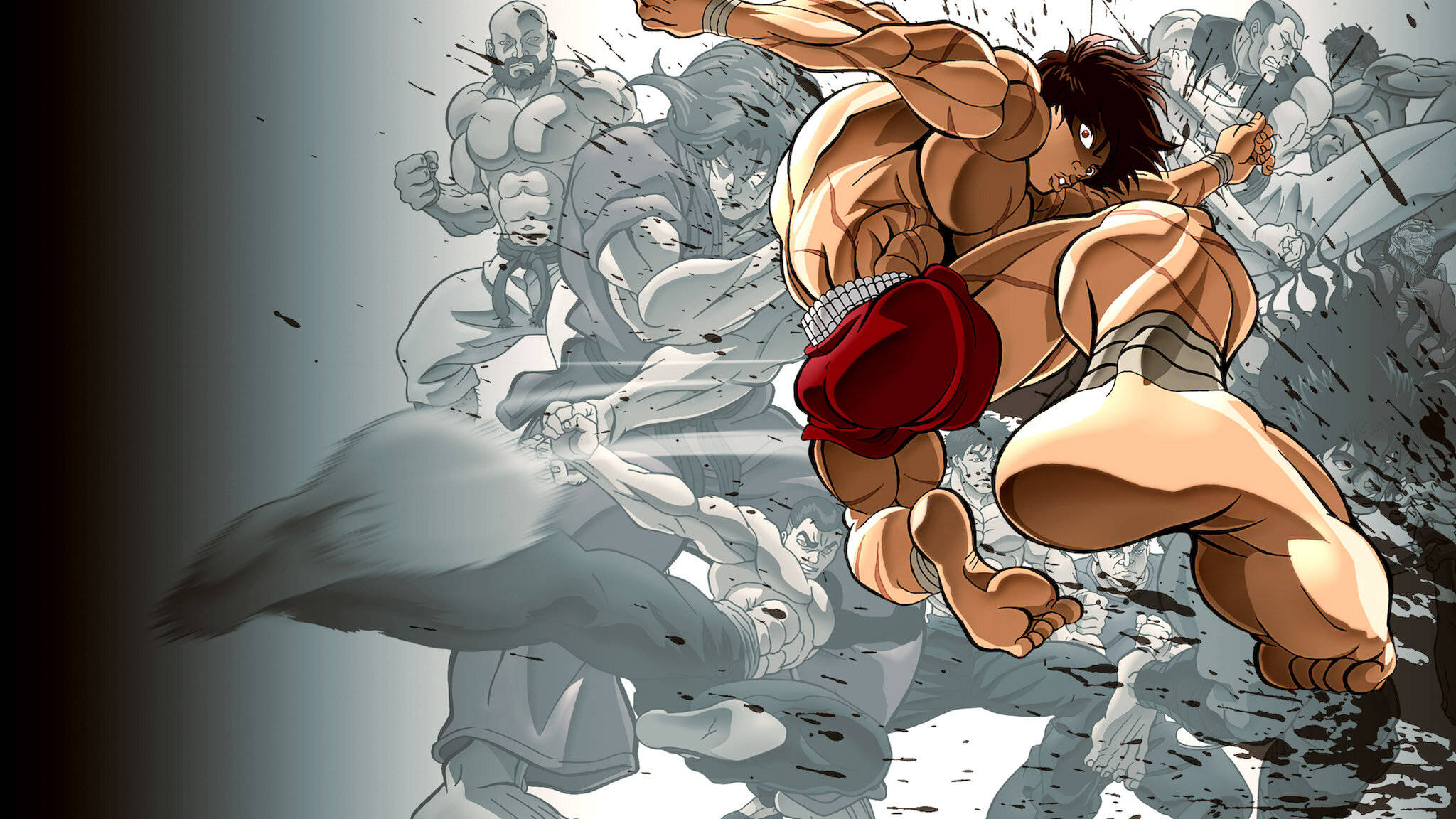 Baki 桌布 壁紙 — 一個肌肉發達的動漫戰士穿著紅色短褲，在灰階的對手人群中動態跳躍，呈現高能量的戰鬥場景。
